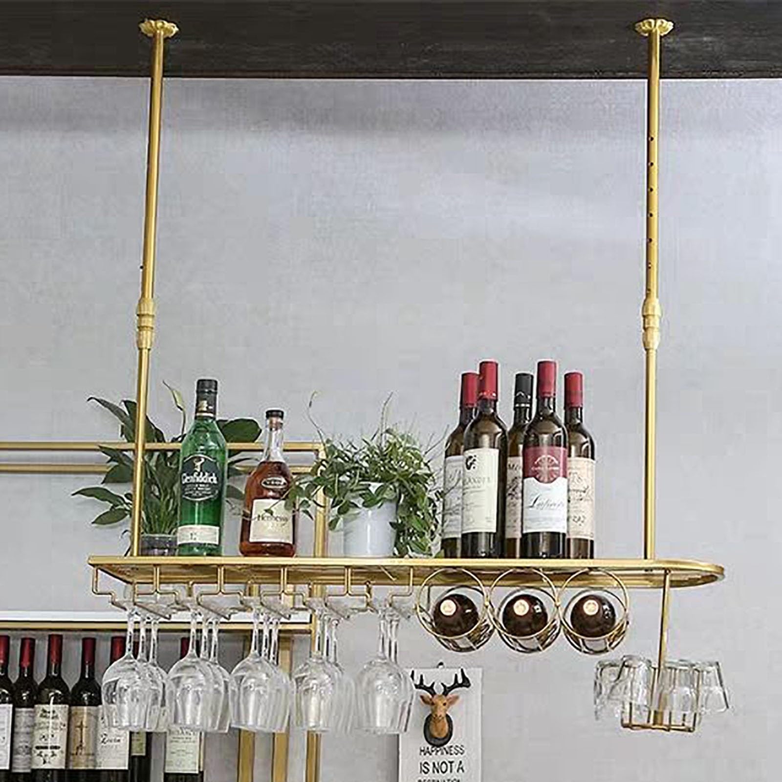 Étagère à vin de plafond réglable noire porte-verre suspendu en métal 60cm