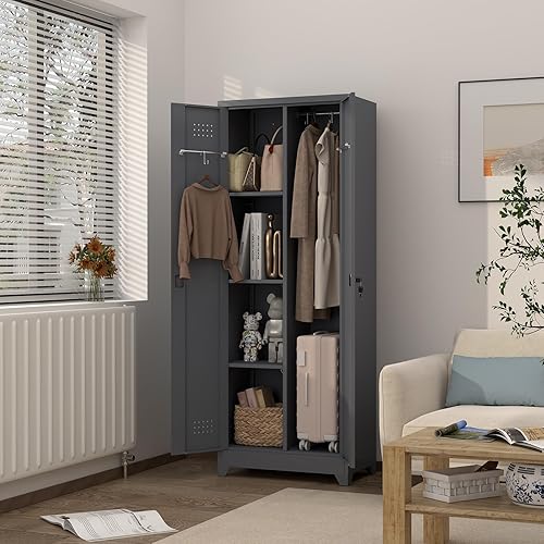 Miniatura 4 de GREATMEET Armario de escoba, armario de escoba con tablero de clavijas y barra para colgar, gabinete de almacenamiento de suministros de limpieza