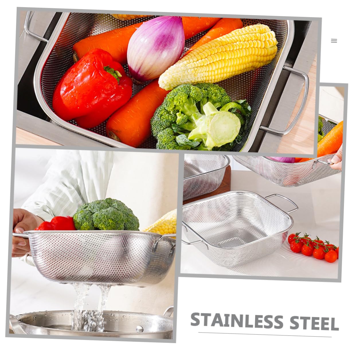 OUNONA Colador de Arroz de Acero Inoxidable Cesta de Drenaje Cocina con Asas Dobles para Frutas Verduras y Arroz