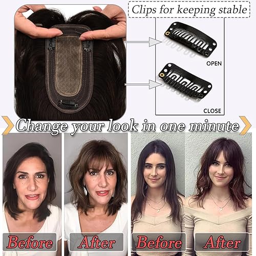 Miniatura 4 de Toppers para el cabello para mujeres con cabello delgado, base de seda real con flequillo, toppers para mujer, con clip, para pérdida de cabello,