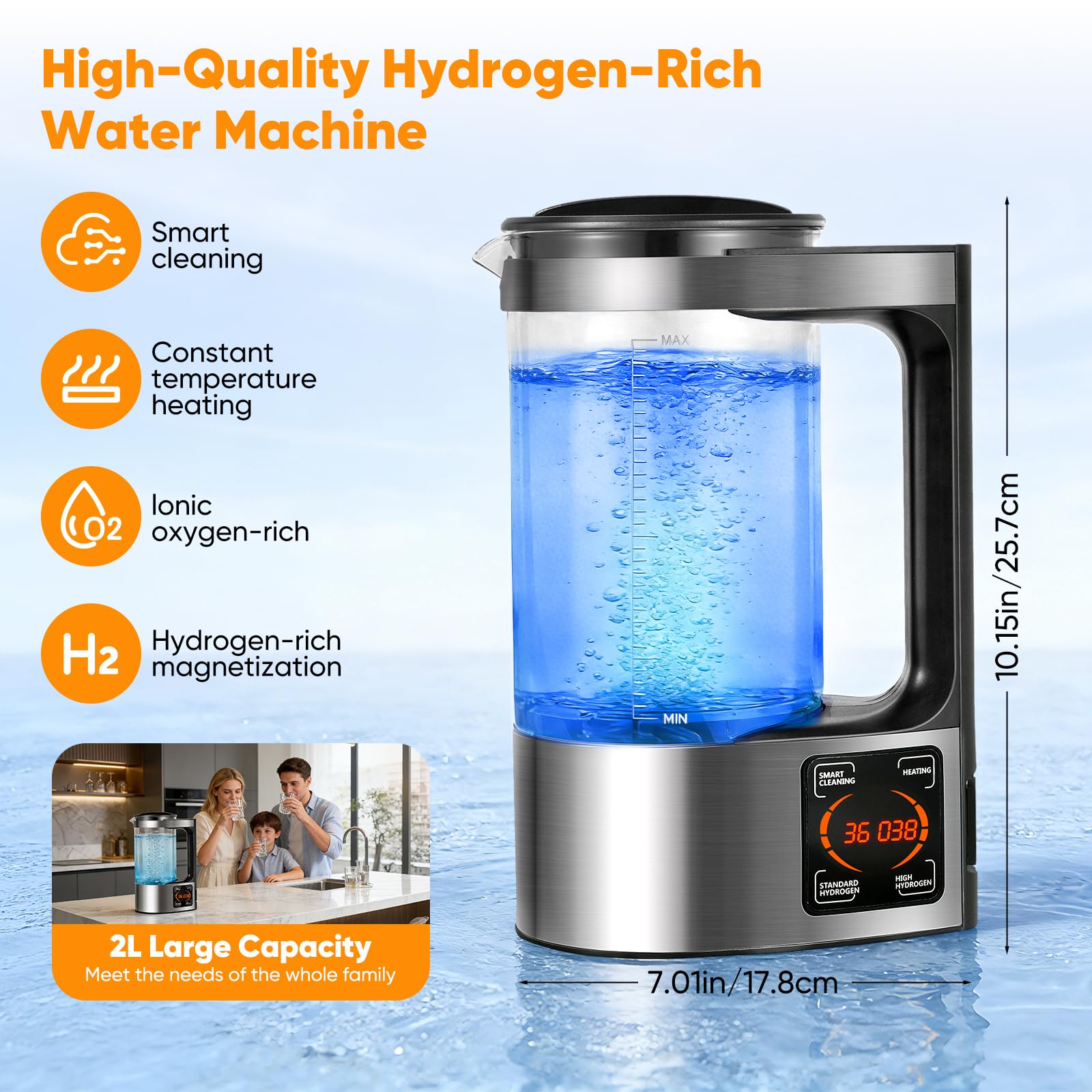 Generador de Agua Hidrogenada 2L Portátil Botella de Agua Rica en Hidrógeno con Calentamiento PTC Pantalla Táctil LED Digital Termostato para Hogar Oficina