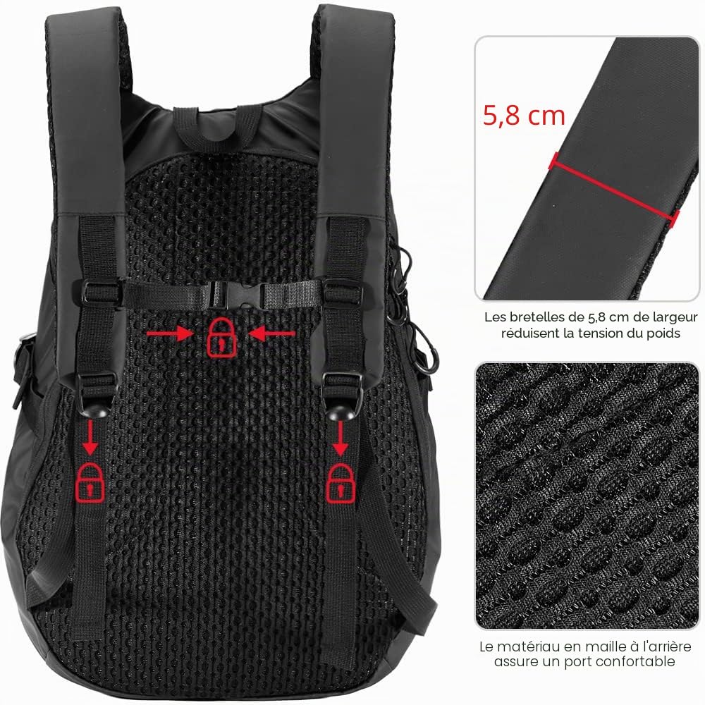 ILM Sac à dos moto multifonctionnel-sac à dos moto sac d'école bandes réfléchissantes étanches avec grande capacité, noir, modèle MB01