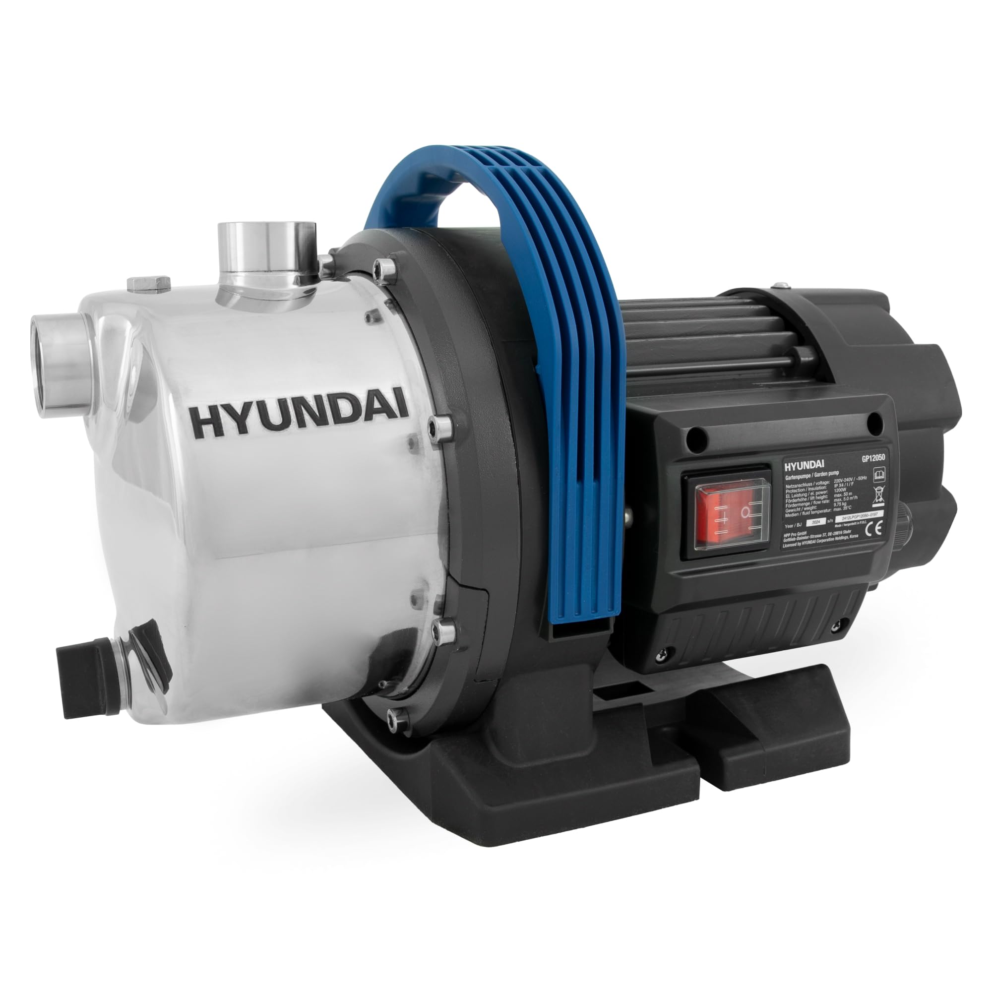 HYUNDAI Gartenpumpe GP12050 | 1200 W, Fördermenge 5.000 l/h | Förderhöhe: max. 50 m, Ansaughöhe: max. 8 m | Edelstahl-Gehäuse | Wasserpumpe