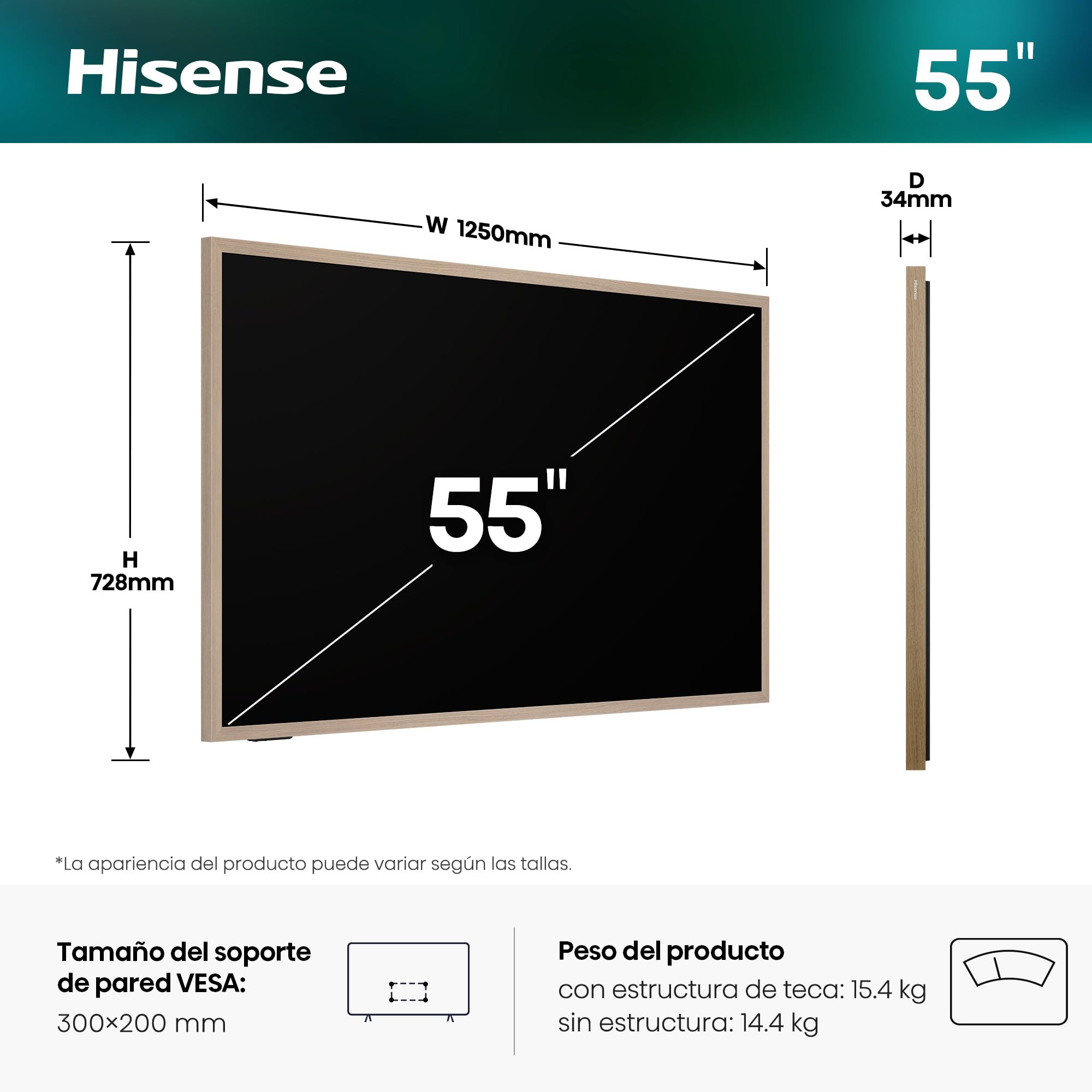 Hisense 55S7S - Hi-QLED Smart TV 55 Pulgadas, Hi-QLED Lifestyle TV, Modo Arte, Hi-Matte Display, Elige Marco, Diseño Ultra Fino, Soporte de Pared, Modo Juego 144 Hz Nativos, Sonido 2.0.2
