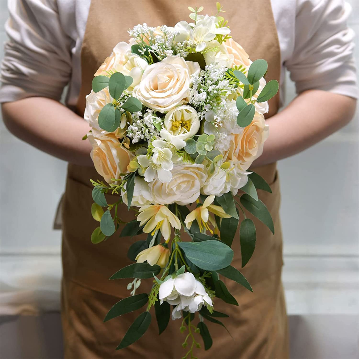 Bouquet De Fleurs Artificielles, Mariée Tenant des Fleurs, Bouquets De Mariage Artificiels, Bouquets en Cascade De Roses en Soie De Simulation pour La Mariée avec des Feuilles De Saule pour La