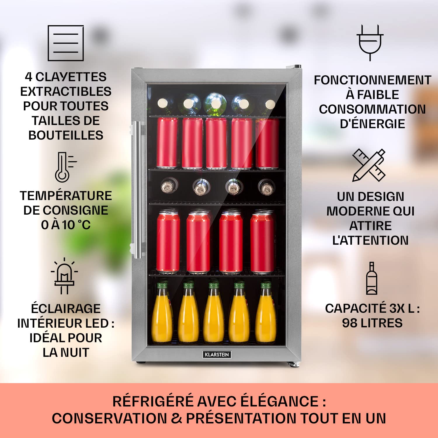 KLARSTEIN Beersafe Réfrigérateur à Boissons 98 L – Frigo avec Porte Vitrée, Noir | Éclairage LED, étagères métalliques amovibles, silencieux, pour boissons et canettes