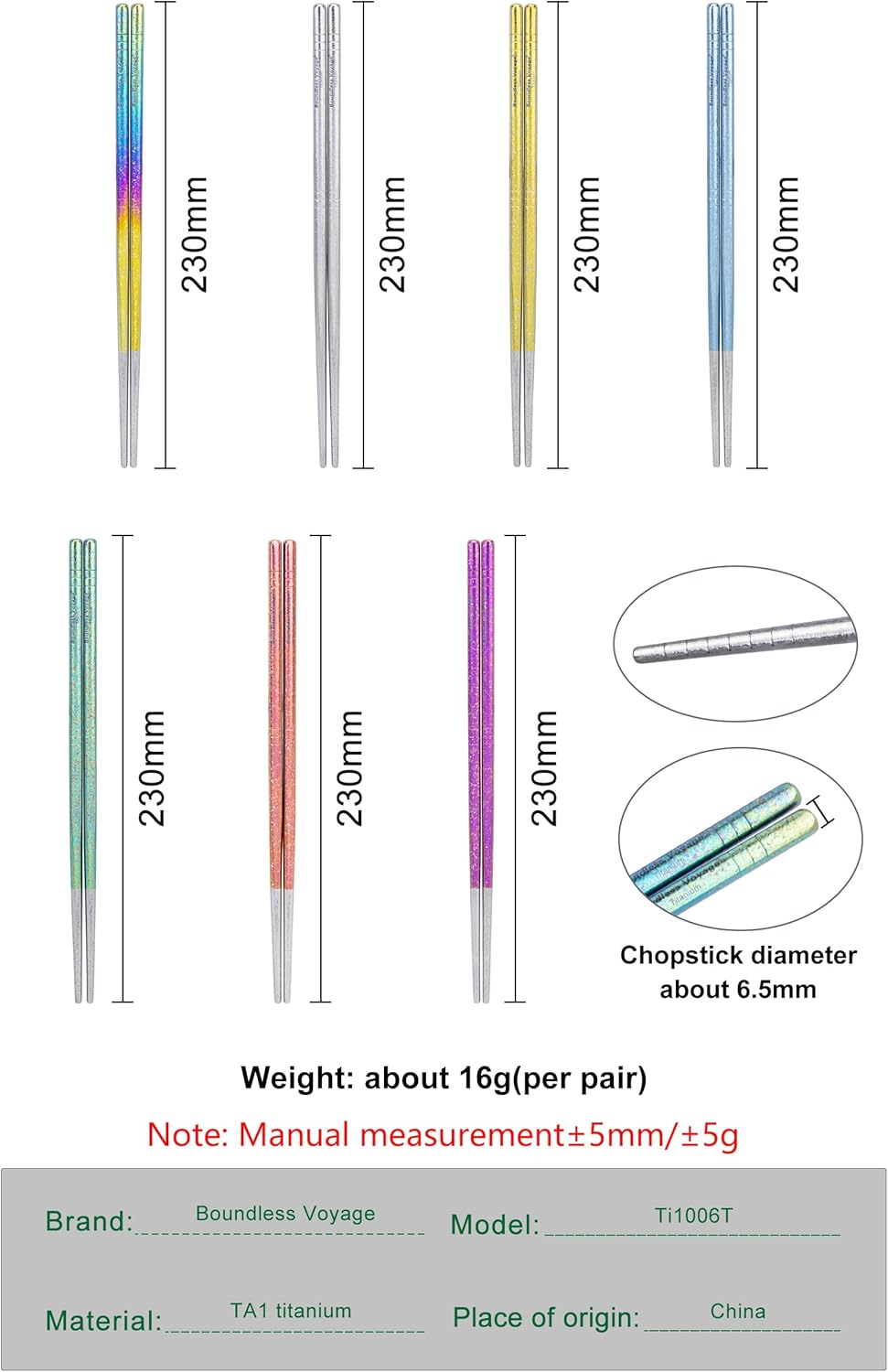 Boundless Voyage Titanium Chopsticks 8-Pairs Colorful Lightweight Anti-Slip Rice Noodles, Meatballs & Tofu for Camping, Hiking & Home Use