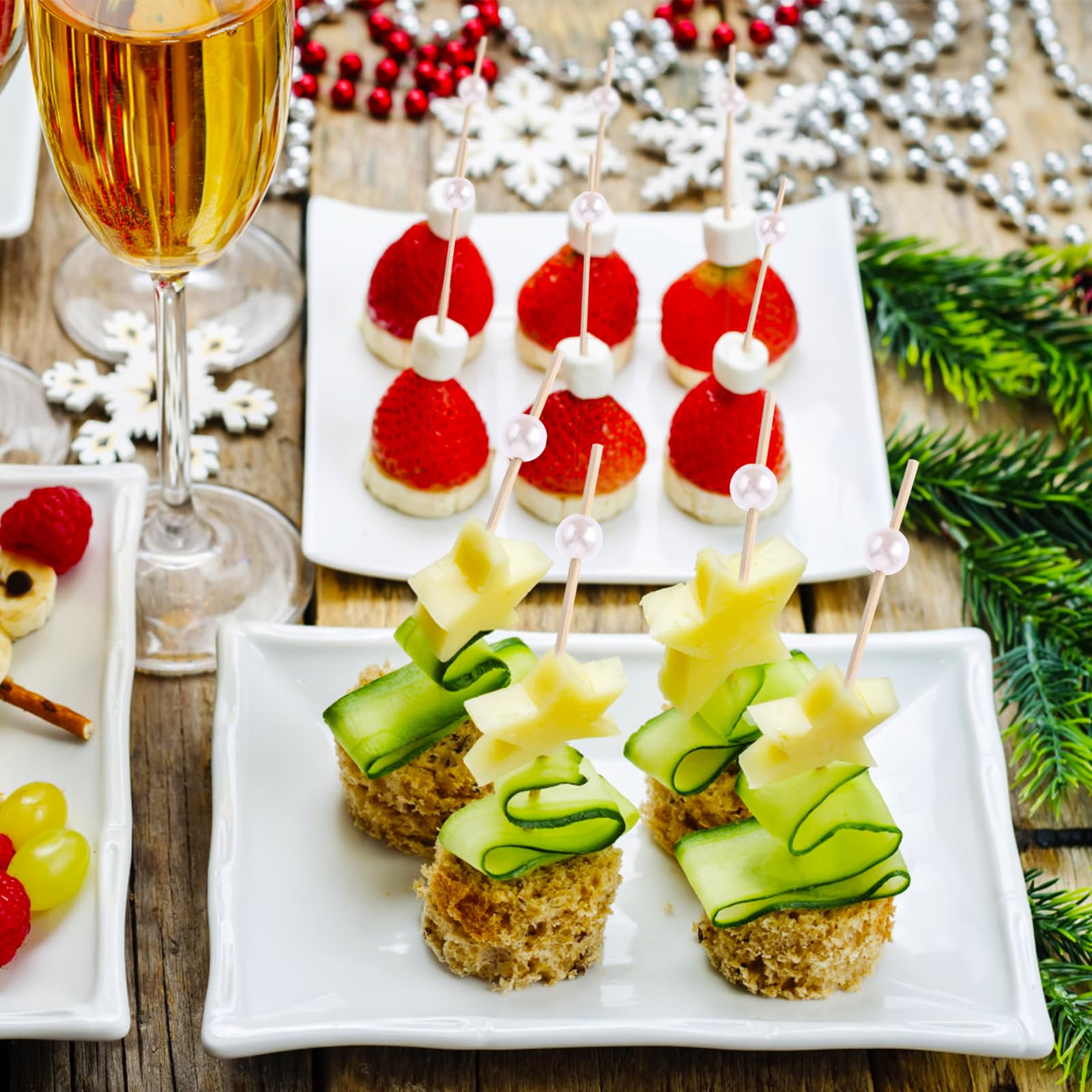 100 Stuzzicadenti Da Cocktail In Bambù - 12 Cm, Con Perla Argento, Per Antipasti E Decorazioni - Foto 2