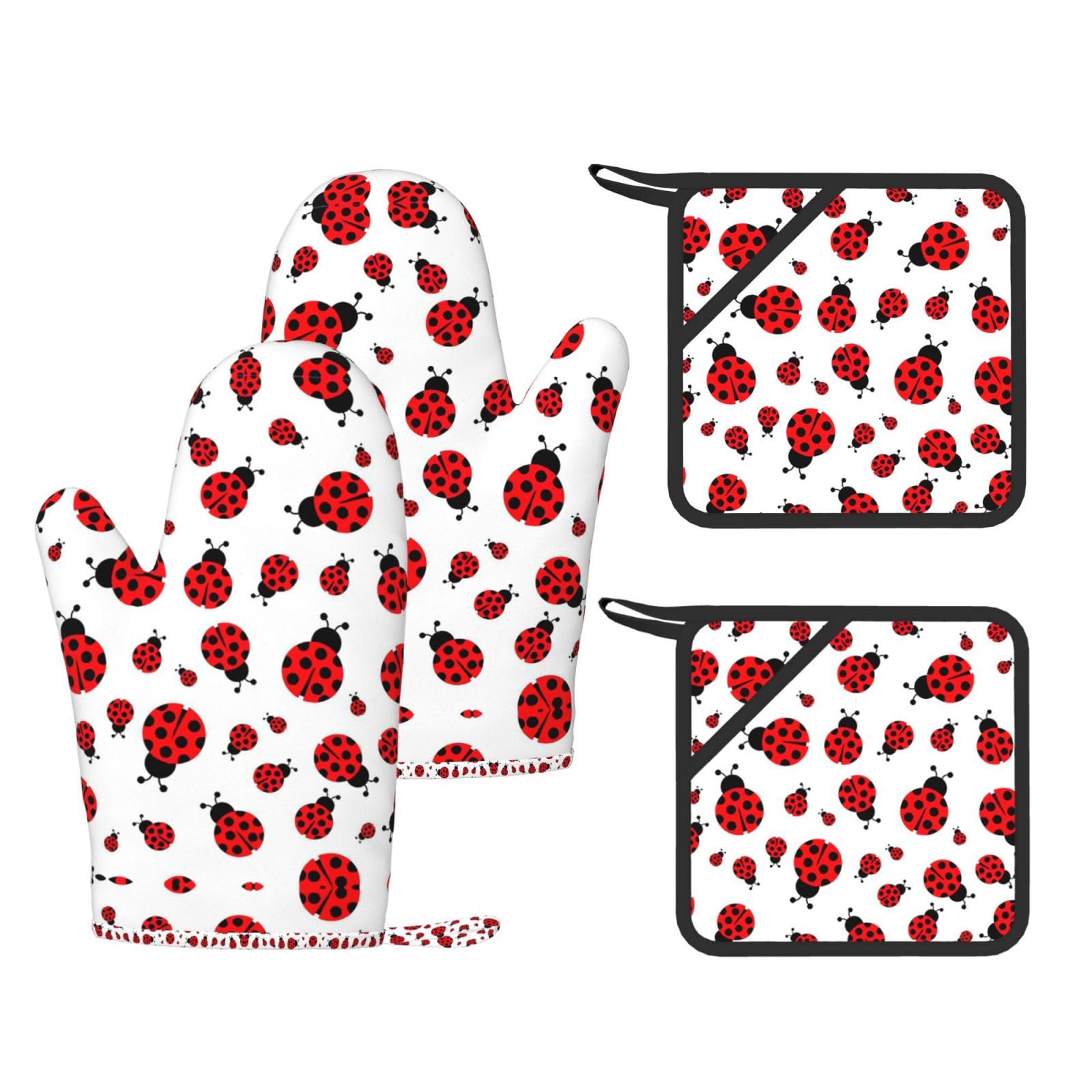 Ladybug Trendy Printed Kitchen Set with Heat Resistant Gloves & Non-Slip Hot Pads for Baking & Grilling