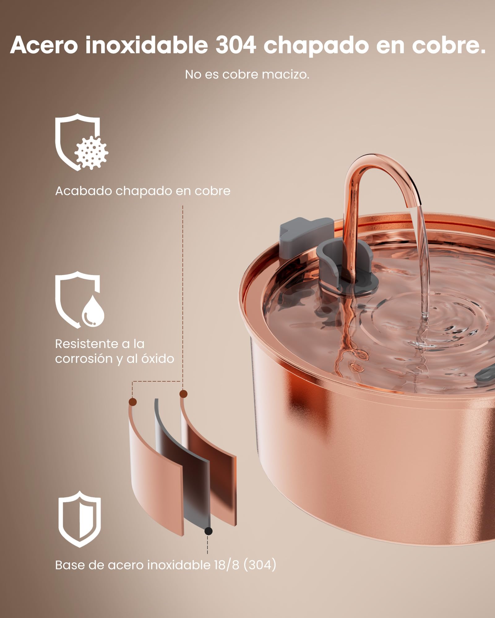 Kittyspout Fuente para gatos de 3,2 l de acero inoxidable, con 3 filtros y ventana | Fuente de agua silenciosa para gatos y perros pequeños con suave iluminación LED, superficie de cobre
