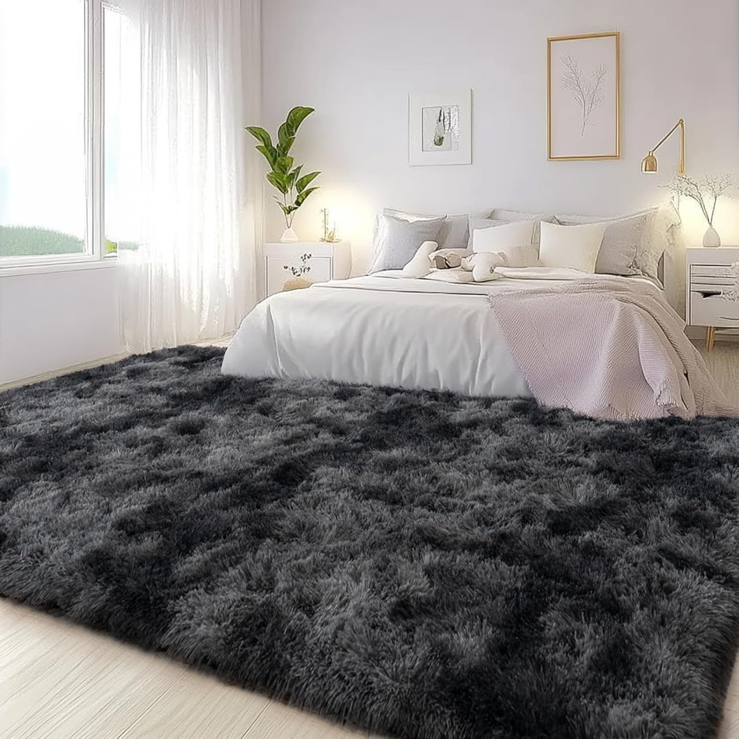 Large Area Rugs for Living Room Bedroom, 6x9 Feet Tie-Dyed Dark Grey Fluffy Shag Rugs, Ultra Soft Shaggy Plush Fuzzy Modern Indoor Throw Carpet for Kids Girls Dorm Nursery Home Decor Aesthetic - Image 3
