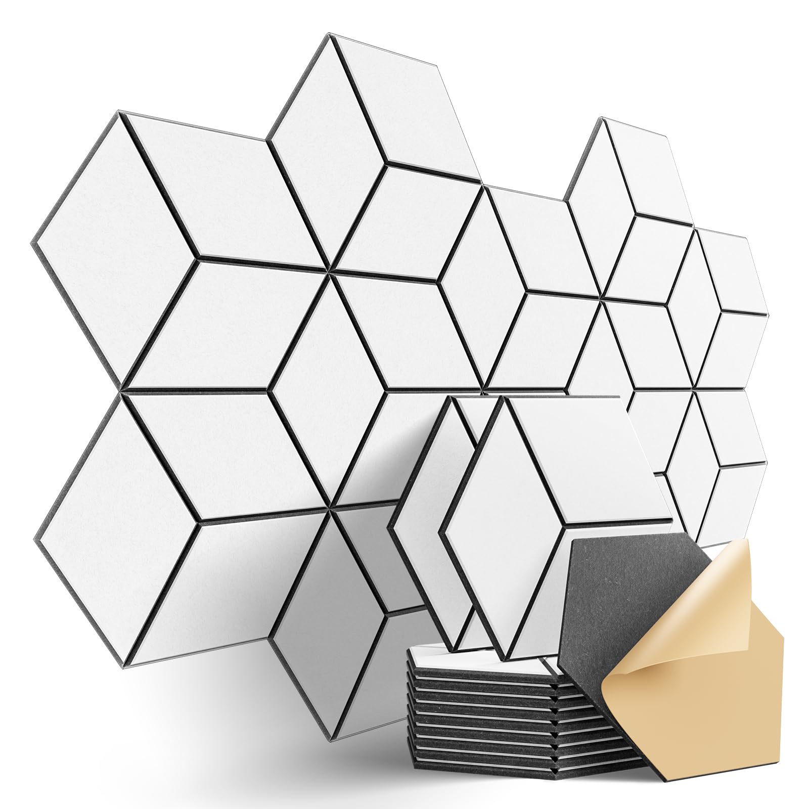 12-Pack Self-Adhesive Acoustic Panels 12" x 10" x 0.4" High-Density, Flame-Resistant Soundproof Foam. Absorbs Noise and Eliminates Echoes, Hexagonal 3D Design (White Face)