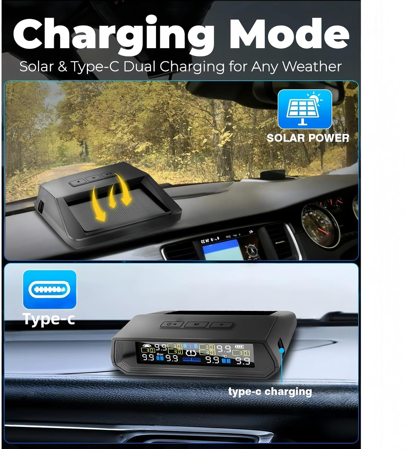 Tire Pressure Monitoring System,TPMS with Solar and USB Charging Color LCD Display, Voice Prompts, 6 Alarm Modes, 0-87 PSI Range (4 Tire Sensors)