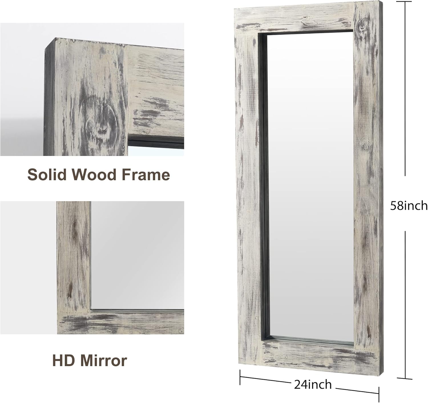 MAYEERTY Full Length Mirror 58"x24" Floor Mirror Rustic Full Body Mirror Large Wood Leaning Mirror Bedroom Mirror Wall Mounted Mirror Hanging or Leaning Mirror, Weathering White (JJ01327ZZD-USAM027)