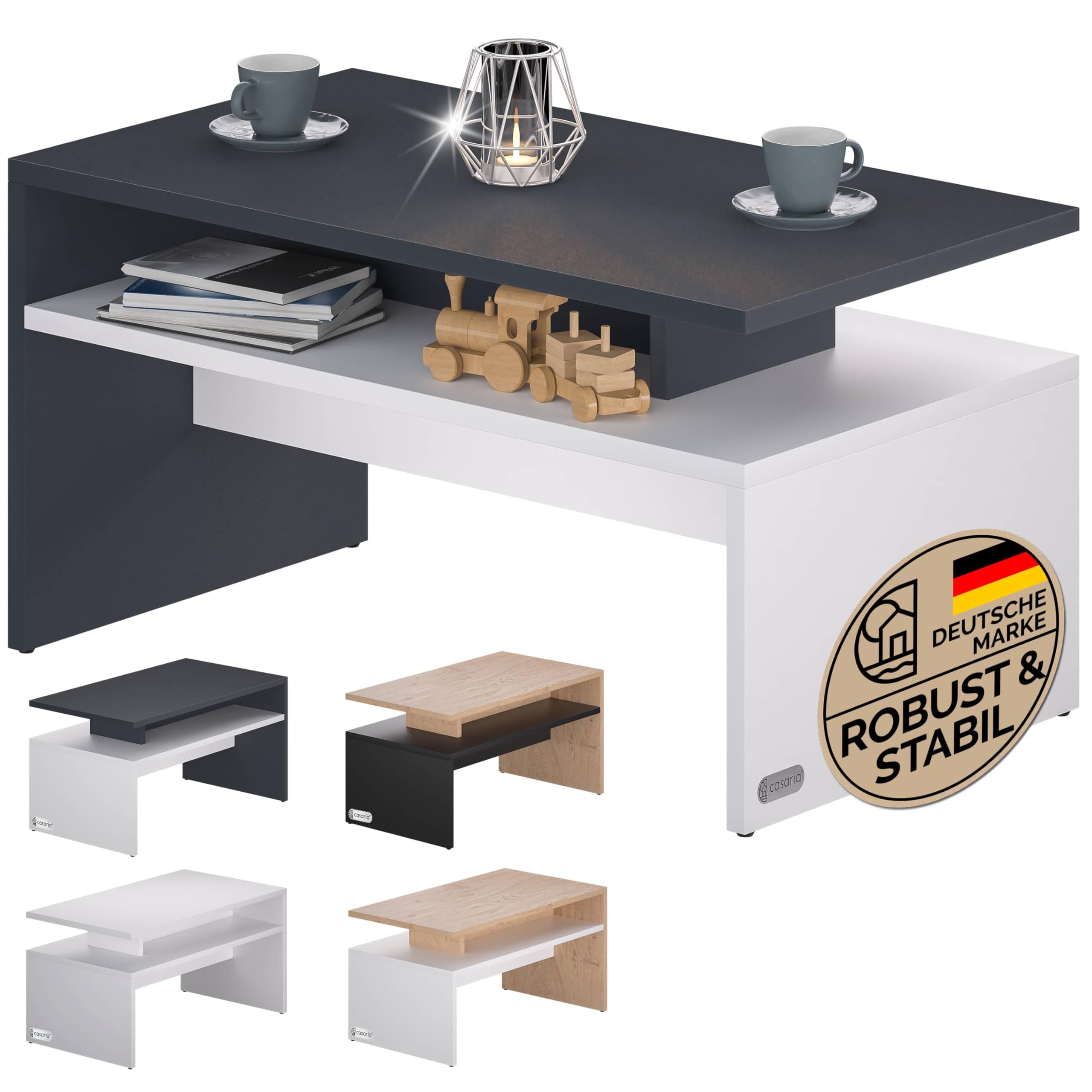 Casaria® Couchtisch Holz Weiß Grau mit Stauraum 95x55x50cm Kratzfest 50kg Belastbar Wohnzimmertisch Modern Beistelltisch Konsolentisch für Couch Sofa