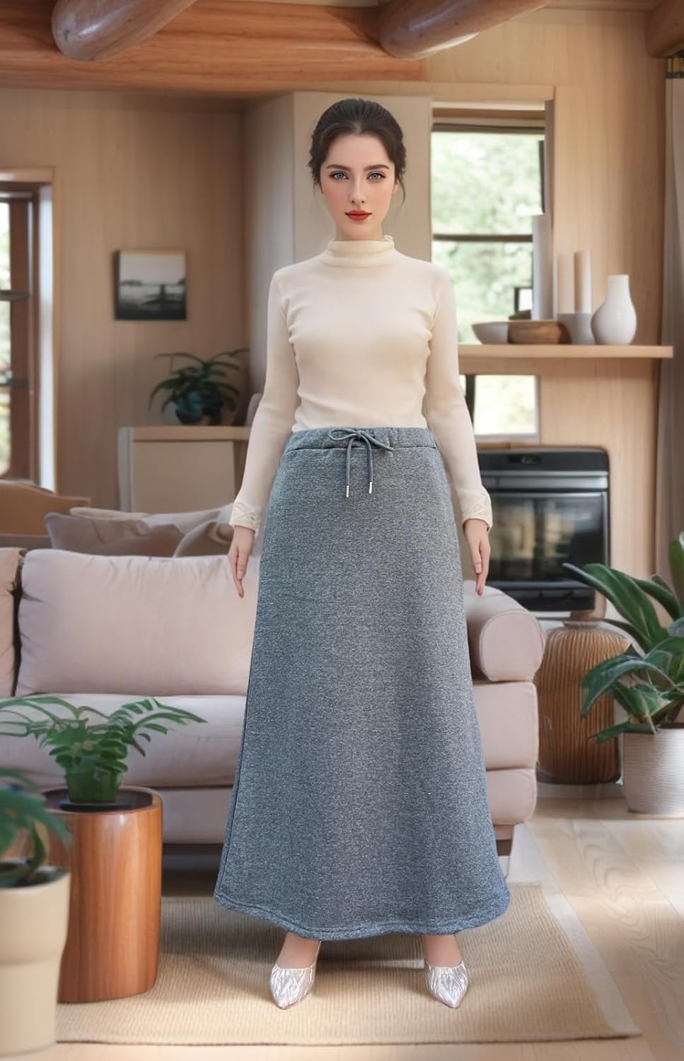 Women Fleece Lined Skirt Long Warm Fall Winter Skirts with Pockets and Drawstring,Elastic High Waisted A-Line Skirt