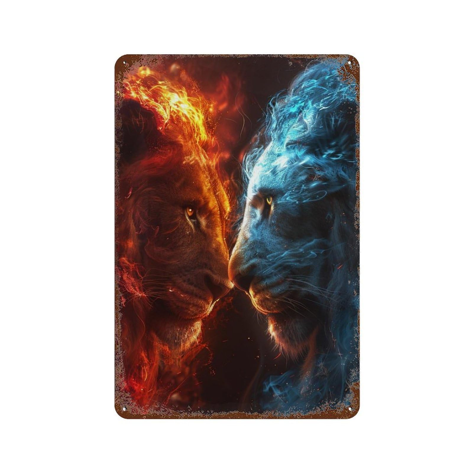 Rust Effect Fire Vs. Ice Lions Rustic Tin Plaque 11.8"x7.9", Shabby Chic Decor for Basement, Hobby Room And Garage Decor