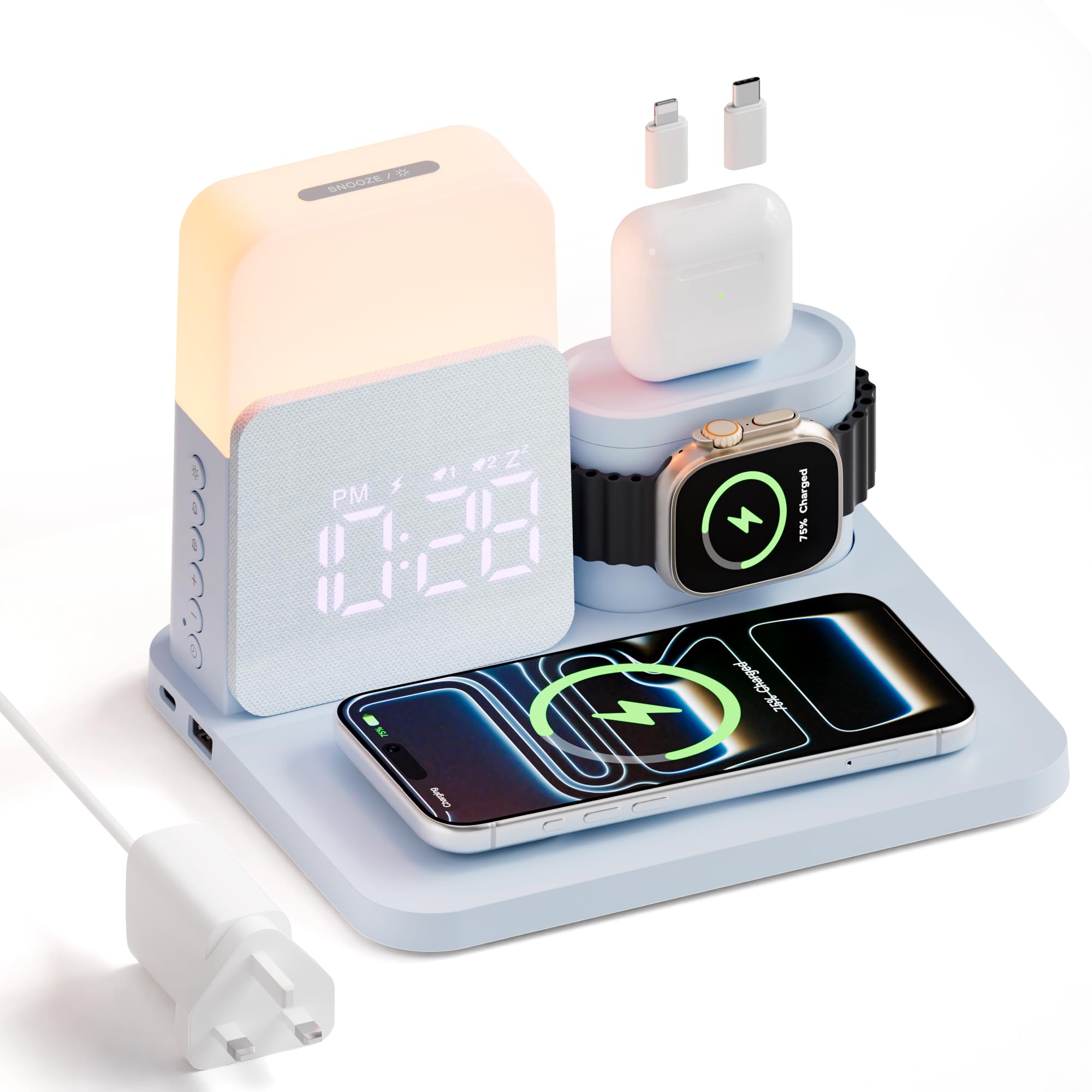 COLSUR Stazione di ricarica wireless 6 in 1, caricabatterie wireless magnetico da 25 W con sveglia, luce notturna, supporto caricabatterie wireless per iPhone 16 15 14 13 12 11 X Pro Max, Apple Watch