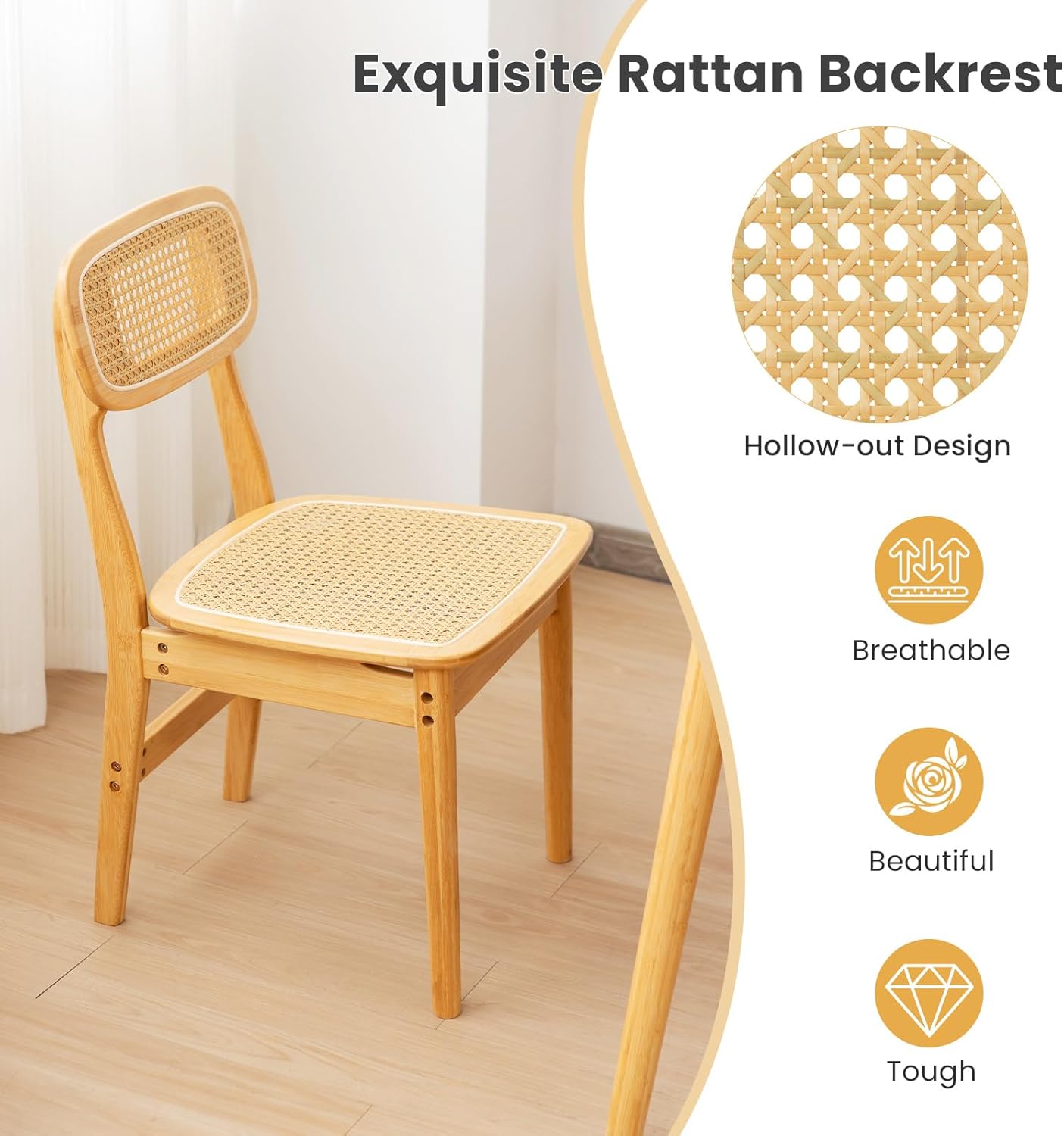 Giantex Rattan Dining Chairs Set of 2, Boho Cane Kitchen Chairs, Max Load 300 Lbs, Bamboo Armless Dining Room Chairs