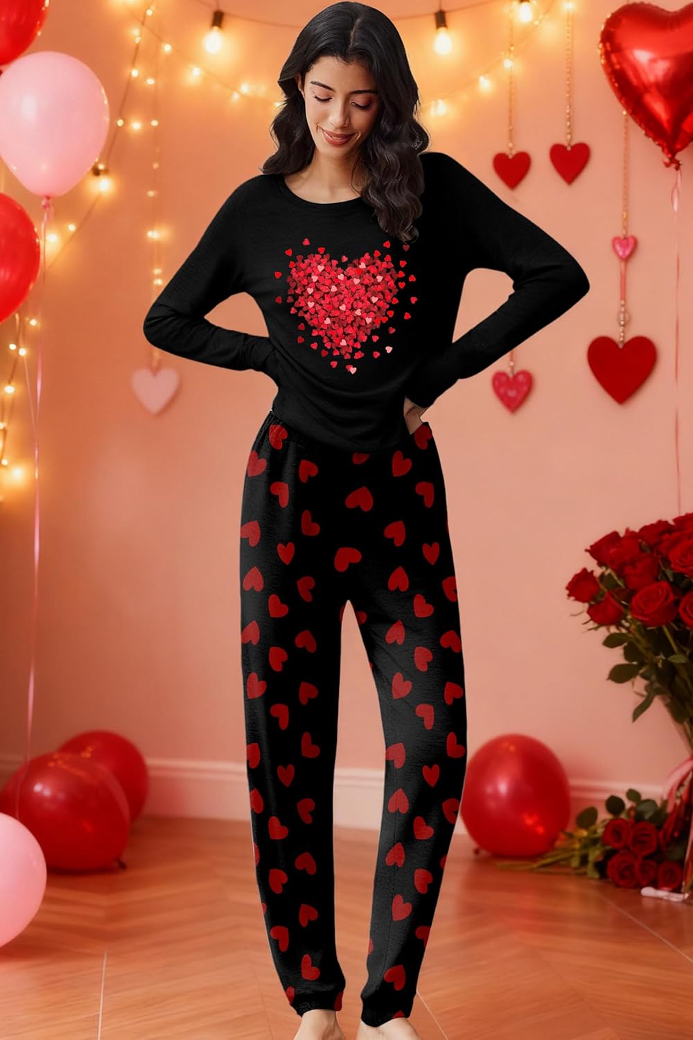 Valentines Day Pajamas Women Valentine's Pjs Set Love Heart Sleepwear Long Sleeve Loungewear Set - Image 5