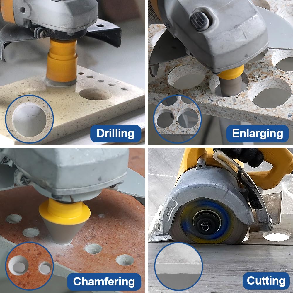 HIGHDRIL 13Pcs Diamond Hole Saw Kit - 1/4", 5/16", 3/8", 4/5", 1-3/8", 2", 4" Drill Bits with 2" Chamfer Bit, 4/5" Finger Bit, HEX Adapter & Saw Blades for Tile Porcelain Ceramic Granite Marble Stone