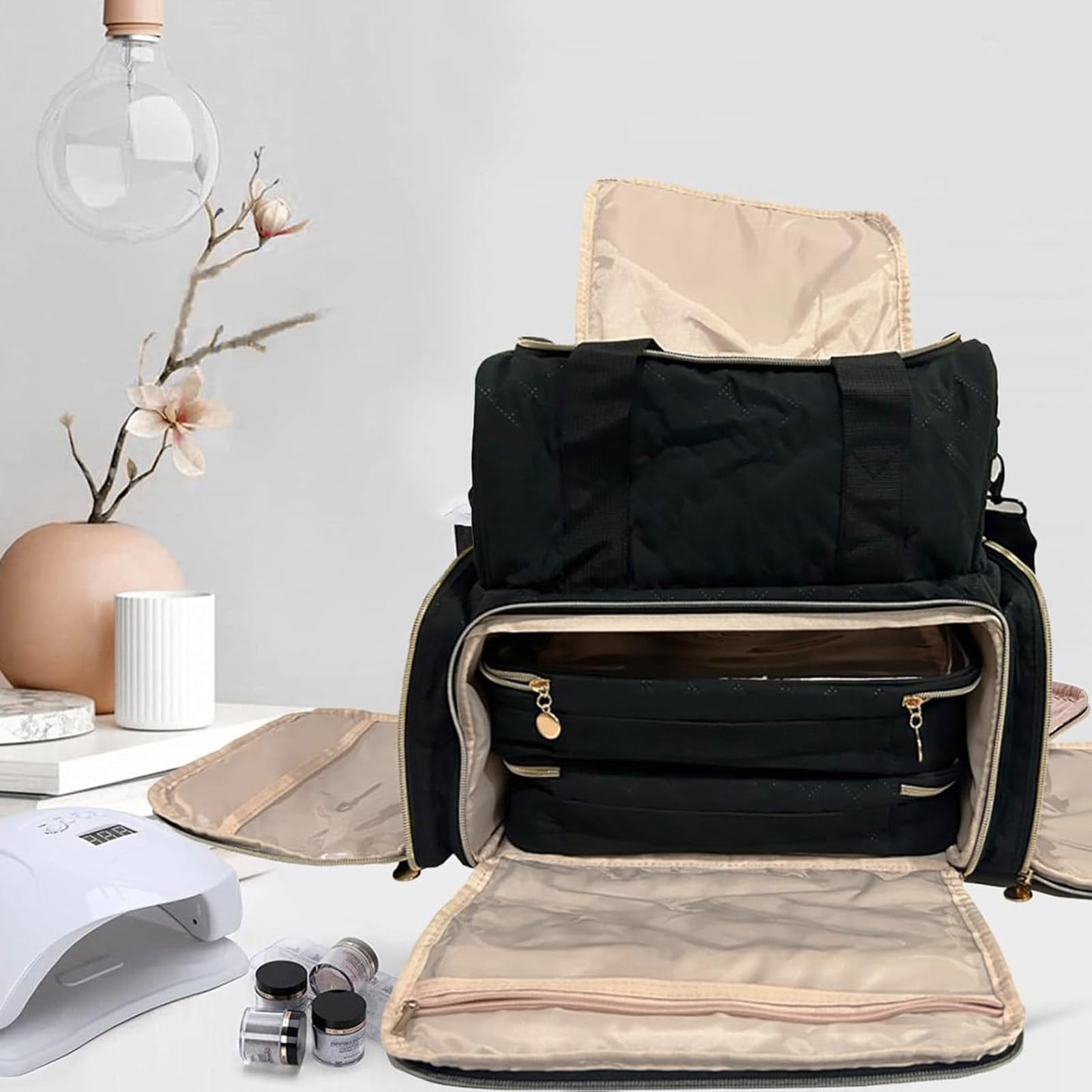 Focket Organizer na żelowy Lakier do Paznokci, futerał o Dużej Pojemności z 2 Wyjmowanymi Woreczkami Mieszczącymi Butelki 15 Ml, Organizer na Lakier do Paznokci z Wyjmowanymi Przegródkami Gąbki