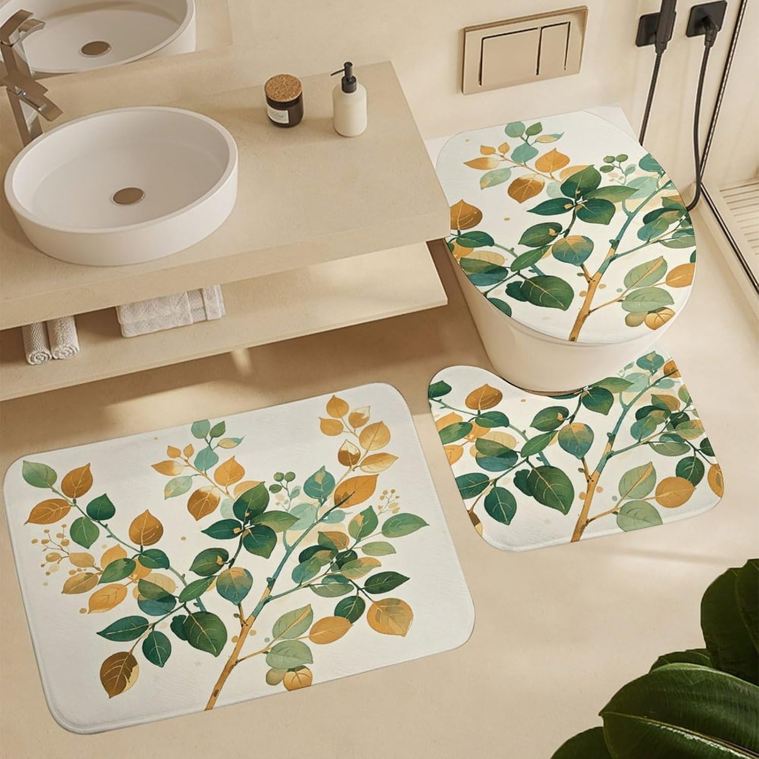 Four Piece Bathroom Set with Toilet Lid Cover and Non-Slip Rugs Minimalist Shower Curtain for Bathroom Set