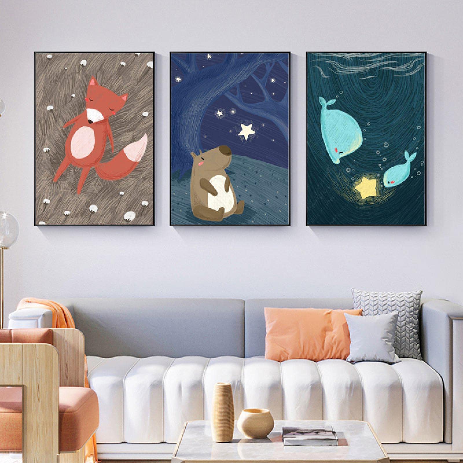 Baleine ours renard enfant affiche pépinière mur Art photo et impressions forêt animal peinture enfant bébé Kawaii chambre décor (24x32in) 60x80cmx3 cadre interne