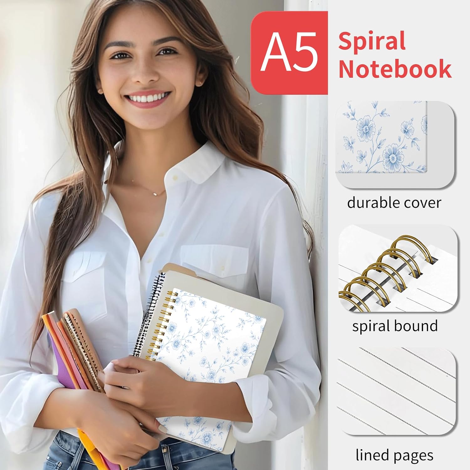 KZYVFNPQ Spiral Journal Notebook for Women Men, A5 Cute Hardcover Lined Notebook with Strong Binding,College Ruled Notebook for Office Work Writing(Blue Floral Vine) image 3