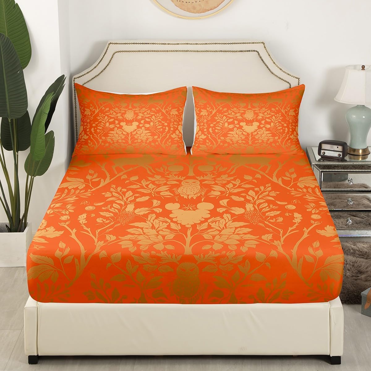 Erosebridal Gold Damask Victorian Fitted Sheet Antique Baroque Aesthetic Bed Sheets, Nature Animal Owl Deer Full Bedding Set for Bedroom, 1 Fitted Sheet 2 Pillowcases (No Flat Sheet)