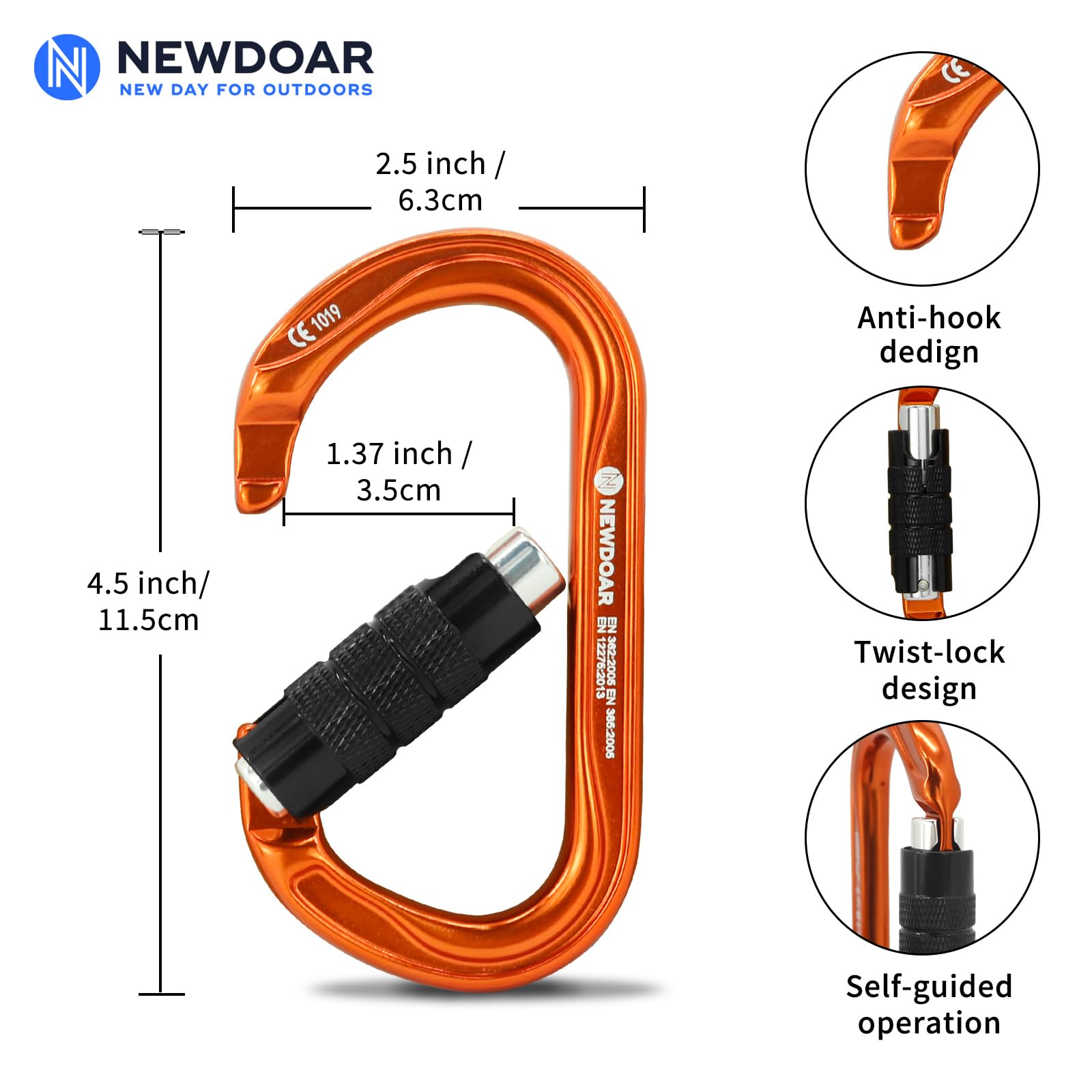 NewDoar 25KN CE & UIAA Certificato Arrampicata Moschettone Professionale, O-Shape Heavy Duty Moschettone per Rappelling