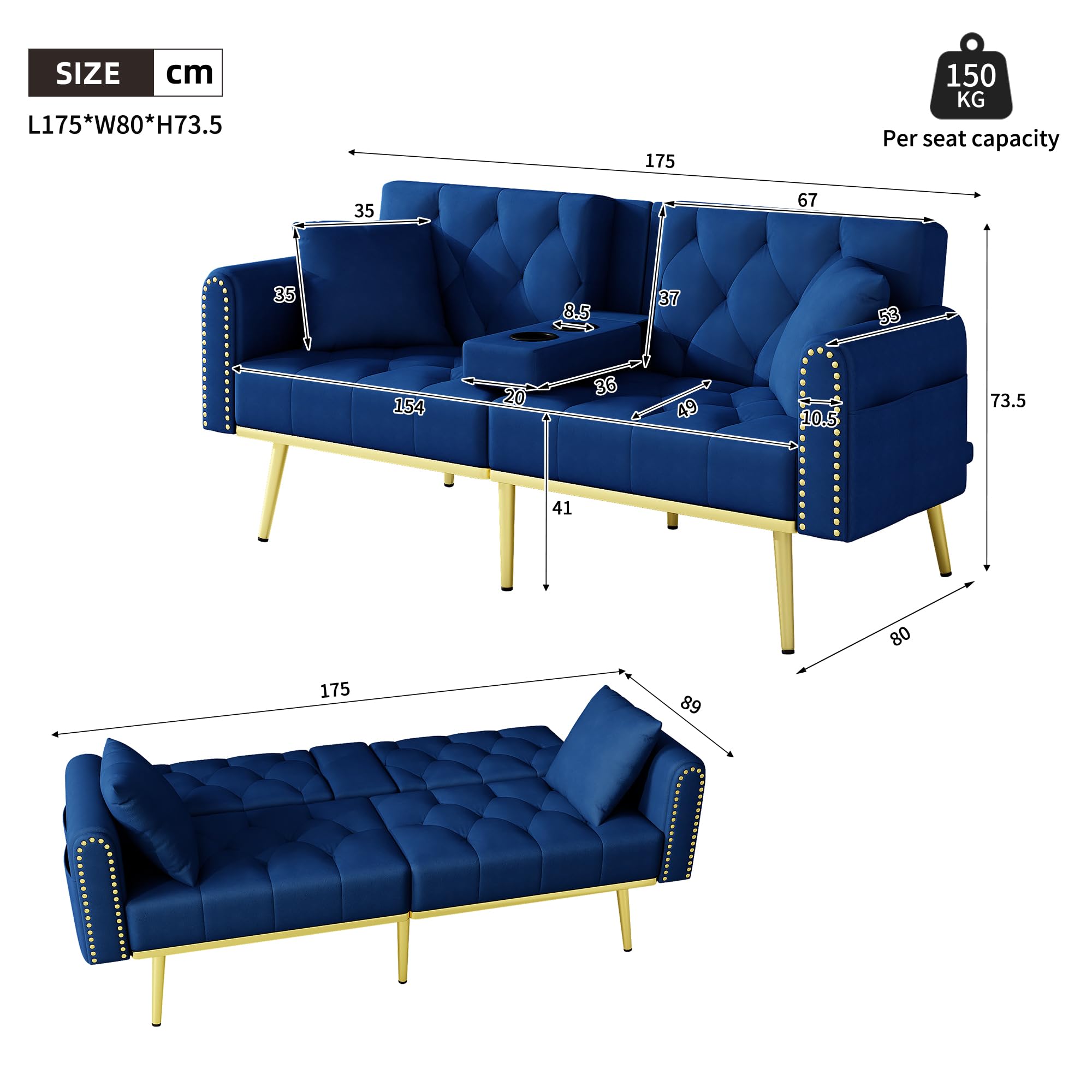 SACOOL Sofá cama doble plegable con función reclinable, tres ángulos de inclinación ajustables, soporte para bebidas, funda de tela, color azul, adecuado para salón, dormitorio, cine en casa