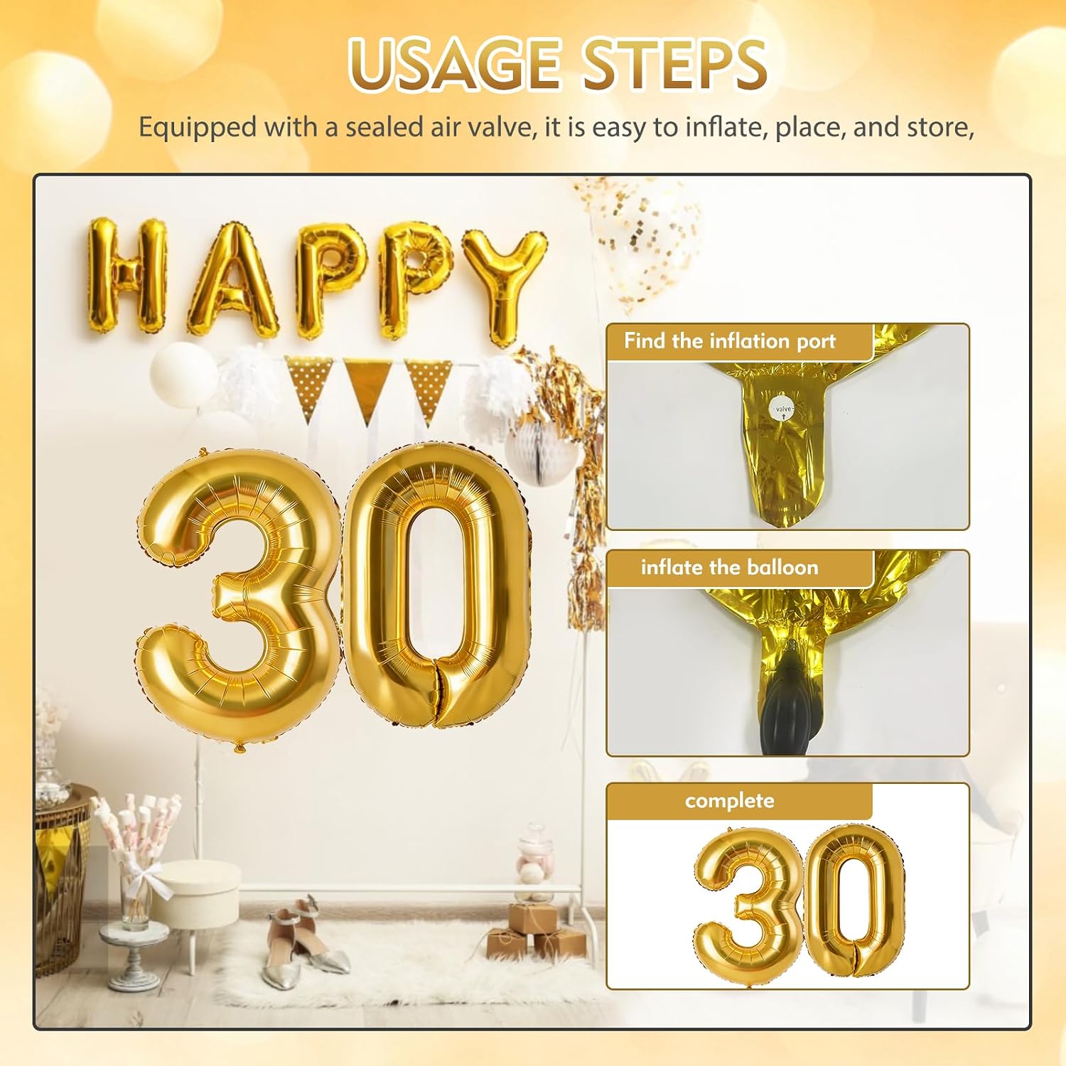 40 inch gouden folieballon cijfer 30 ballonnen set, verjaardagsdecoratie voor 30e verjaard - Mise en situation et utilisation