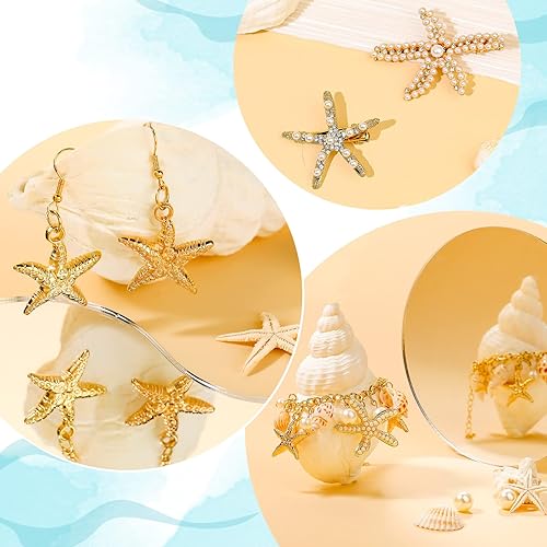 Miniatura 4 de Hillban Juego de 6 piezas de joyas de perlas de imitación de estrella de mar collar de cola de sirena pulseras de concha marina aretes de estrella