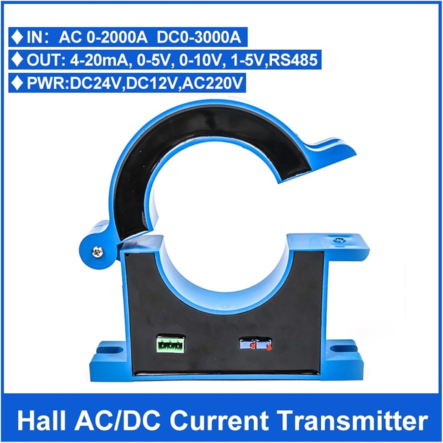 Split Hall Effect AC/DC Current Transmitter Open Loop Current Transducer Sensor 4-20mA Output 0-100A 0-200A 0-500A 0-1000A(4-20ma,0-300A DC-38MM-DC24V)