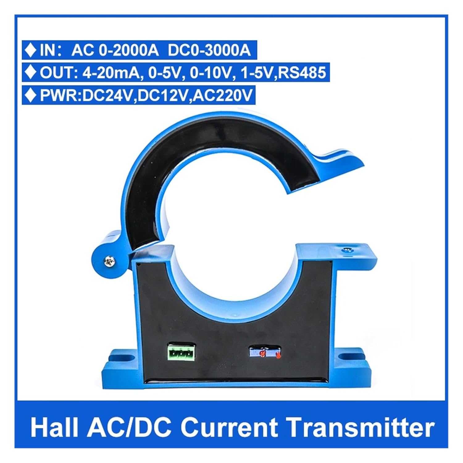 Split Hall Effect AC/DC Current Transmitter Open Loop Current Transducer Sensor 4-20mA Output 0-100A 0-200A 0-500A 0-1000A(0-10v,0-200A AC-20MM-DC12V)