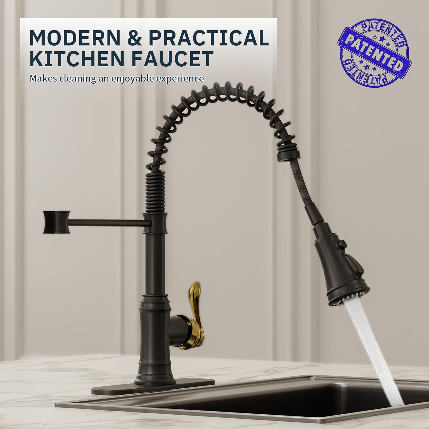 BWE Black and Gold Kitchen Faucet with Pull Down Sprayer Single Handle High Arc Spring Commercial 3 Functions Kitchen Sink Faucet Solid Brass with 10" Deck Plate for Sink 1 or 3 Holes
