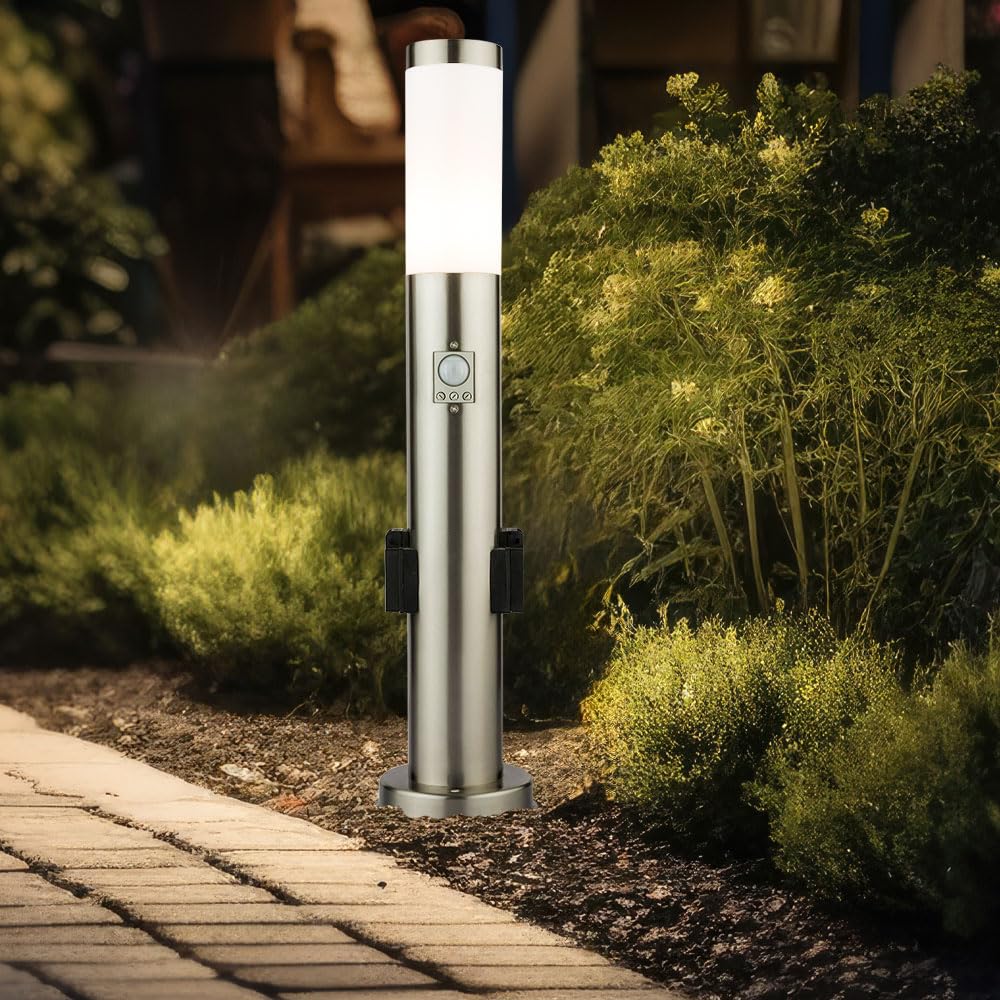 Außen Steh Leuchte Steckdosen Strahler Garten Weg Bewegungsmelder Erdspieß Steck Lampe EDELSTAHL