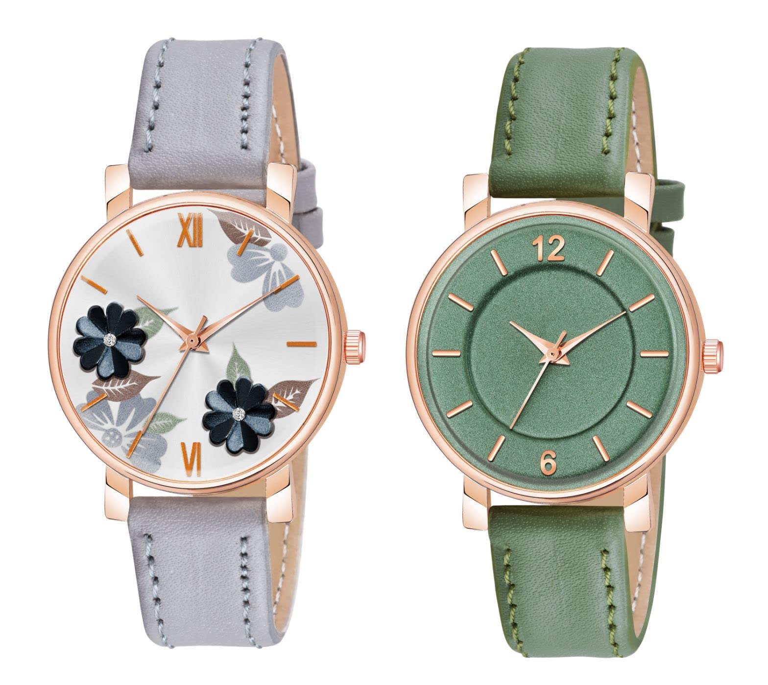 KIROH Grey Flower and 6 to 12 Antique Dial Analogue Stylish Leather Strap Analoge Girls and Woman Combo Watches(Green) (B0BPYNTV31) Amazon Price History, Amazon Price Tracker