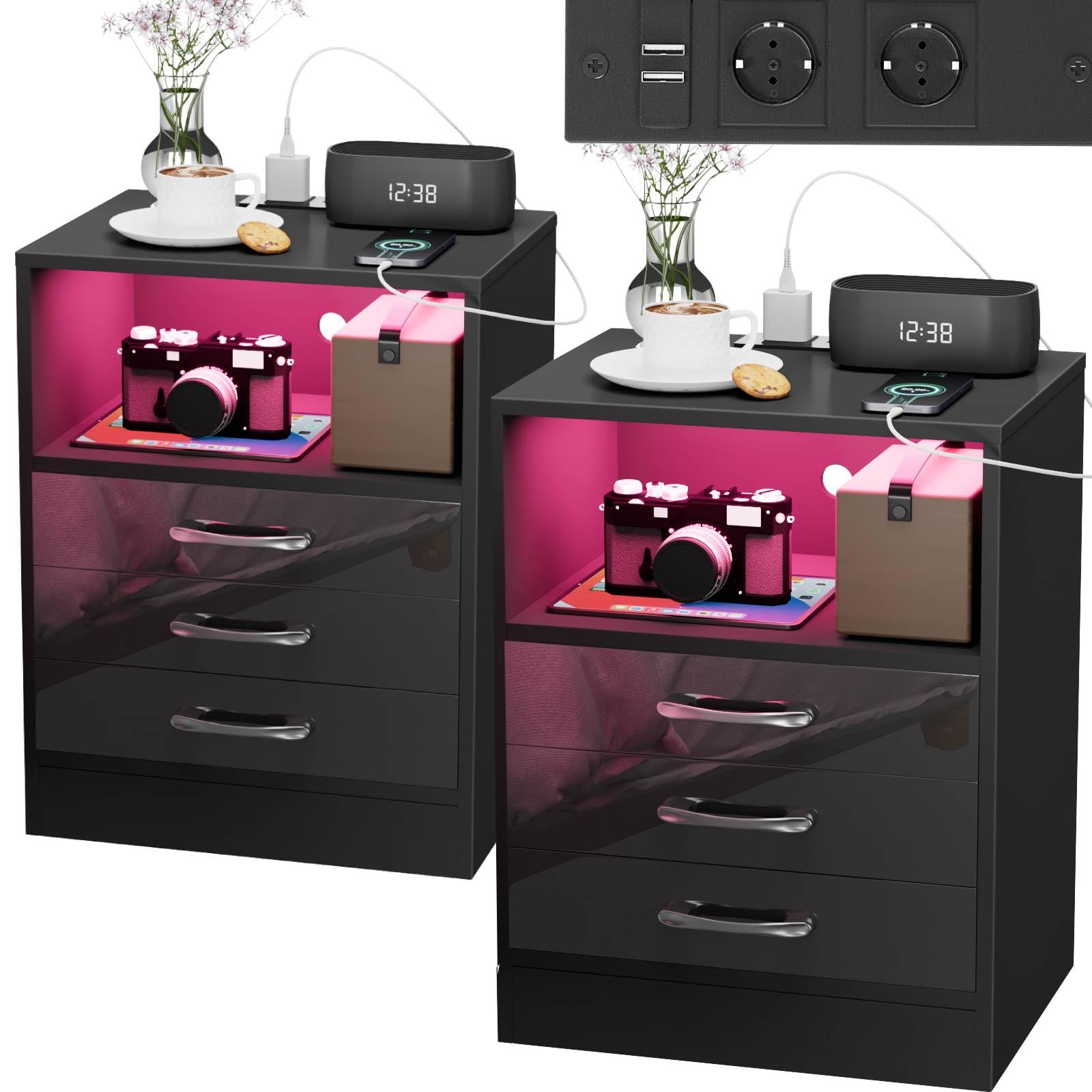 Mesillas de Noche Dormitorio pack 2 Mesillas con luz LED, Mesita de Noche Negra con 3 Cajones y Toma de Corriente, Mesa de Noche Dormitorio, Armario de Cama Frontal de Alto Brillo, 45x60x35cm