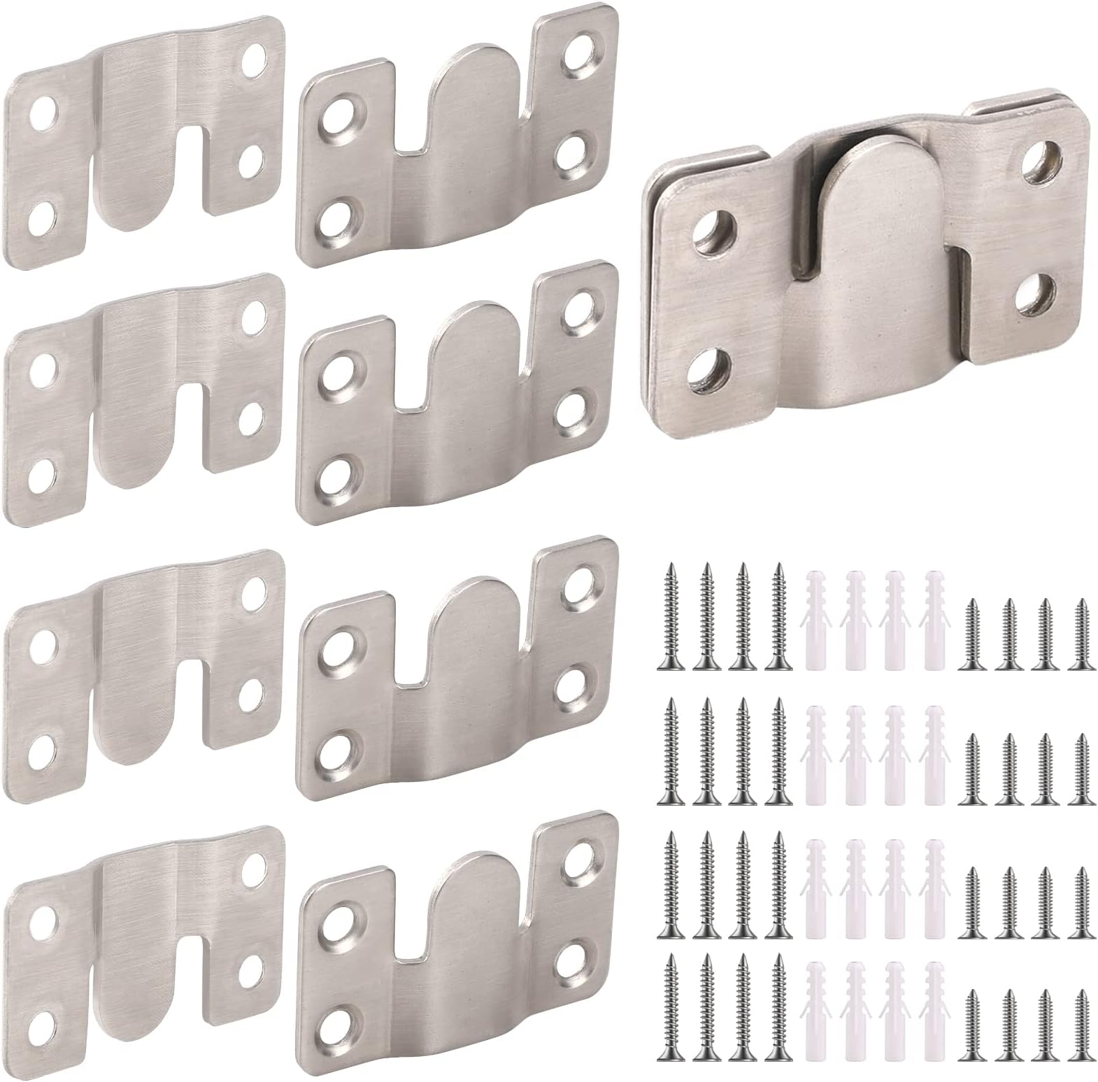4 Pairs Interlocking Flush Mount Bracket Picture Hanging Hooks Stainless Steel Heavy Duty Photo Frame Hook Large Picture Hanger Hanging Buckle Furniture Connector Headboard Wall Mounting Hardware