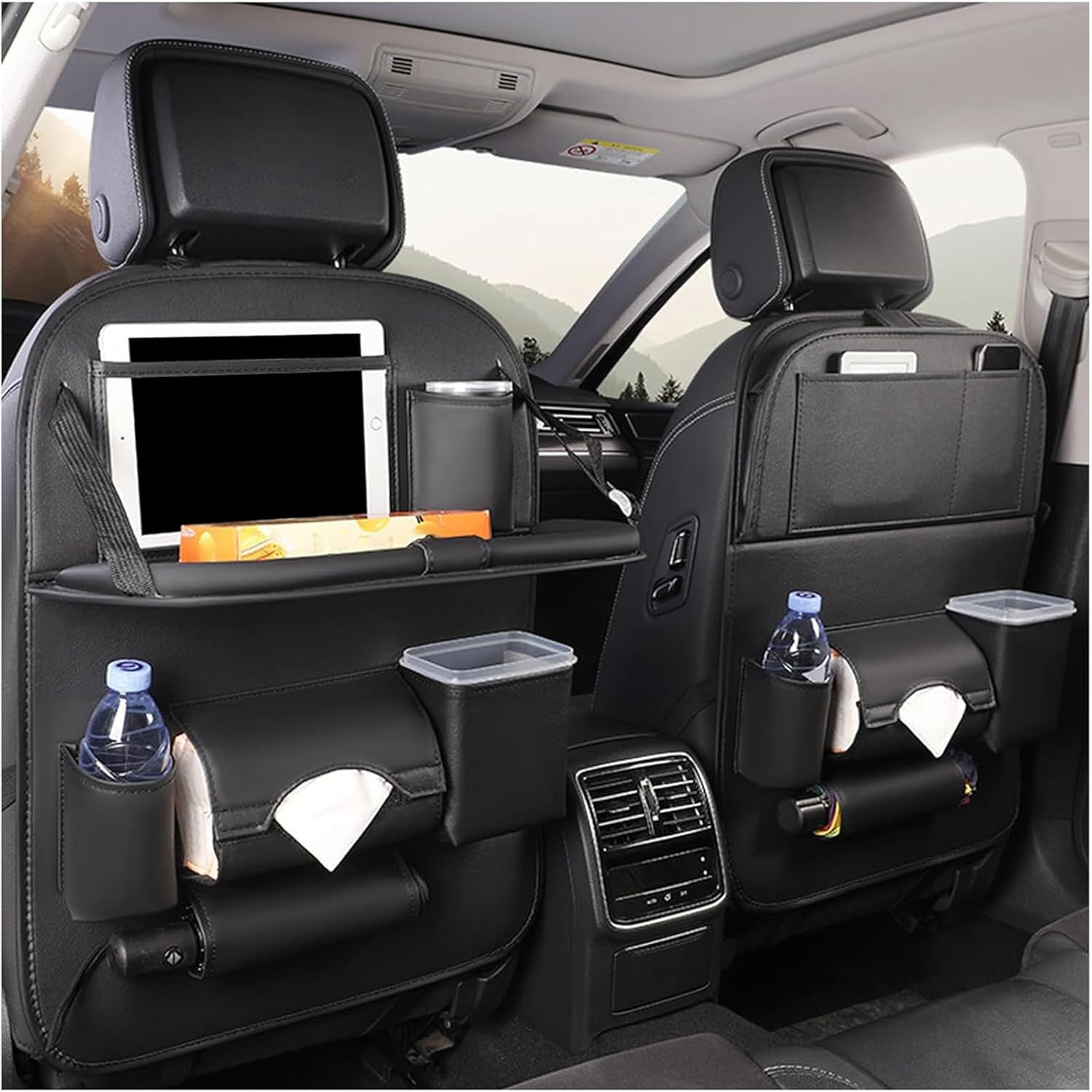 Car Backseat Organizer for Mercedes-Benz GLC 300 2017-2024, Leather Multifunctional Hanging Seat Back Storage Box with Foldable Table Tray Waterproof Travel Accessories,Black-1pcs