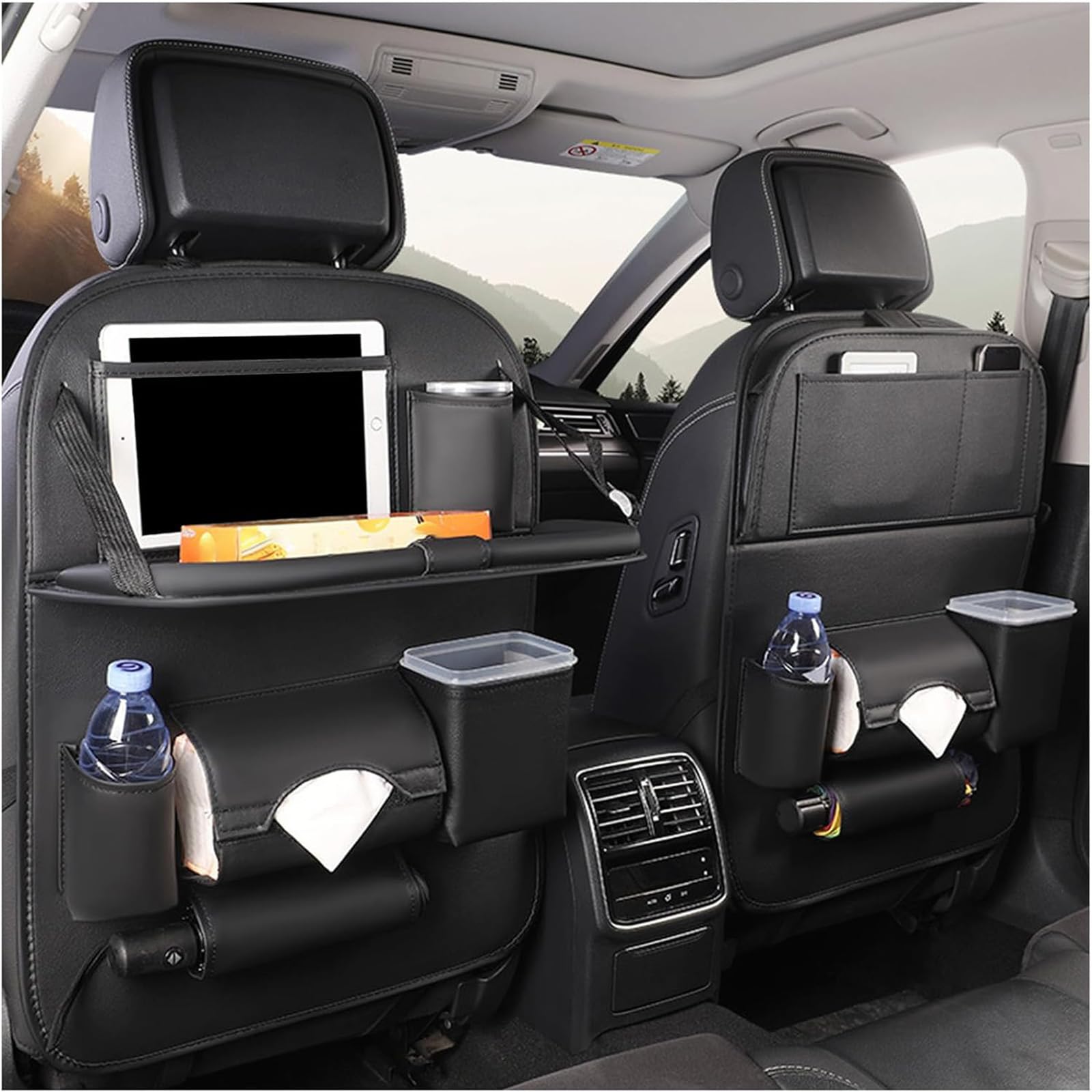 Dla Volvo V40 V50 V60 Xc40 Xc60 Xc70 Xc90, skórzany wielofunkcyjny wiszący schowek w oparciu siedzenia ze składaną tacą na stół wodoodporne akcesoria podróżne(Black,2pcs)