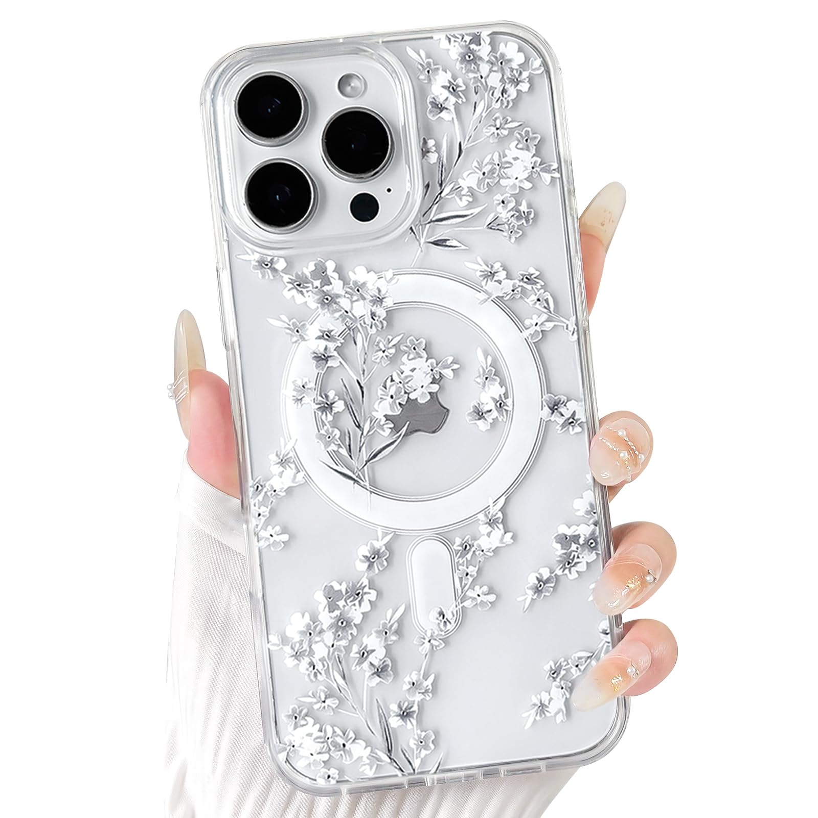 NITITOP Compatible with iPhone 16 Pro Case Clear Magnetic Compatible with MagSafe Cute Flowers Floral Leaves for Women Girls Hard PC Back Shockproof