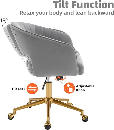 Miniatura 5 de Sillas de escritorio grises para oficina en casa, moderna silla rodante de terciopelo, silla giratoria de altura ajustable con base dorada, silla