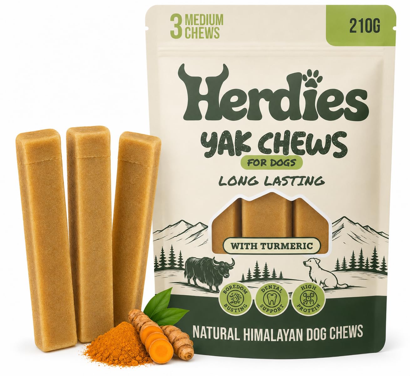 Herdies Yak Chews For Dogs | Long Lasting Chews For Medium Breeds | 100% Natural Himalayan Chews with Turmeric | Puppy Teething Chews | Dental Dog Chews | Medium 3 Pack