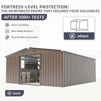 KEIKI 10x12 FT Metal Garden Storage Shed with Foundation Kit, Double Door Outdoor Tool Shed with 2 Windows, Color Steel Construction, Tool Shed for Lawn Equipment, Bikes, Trash Cans, Brown