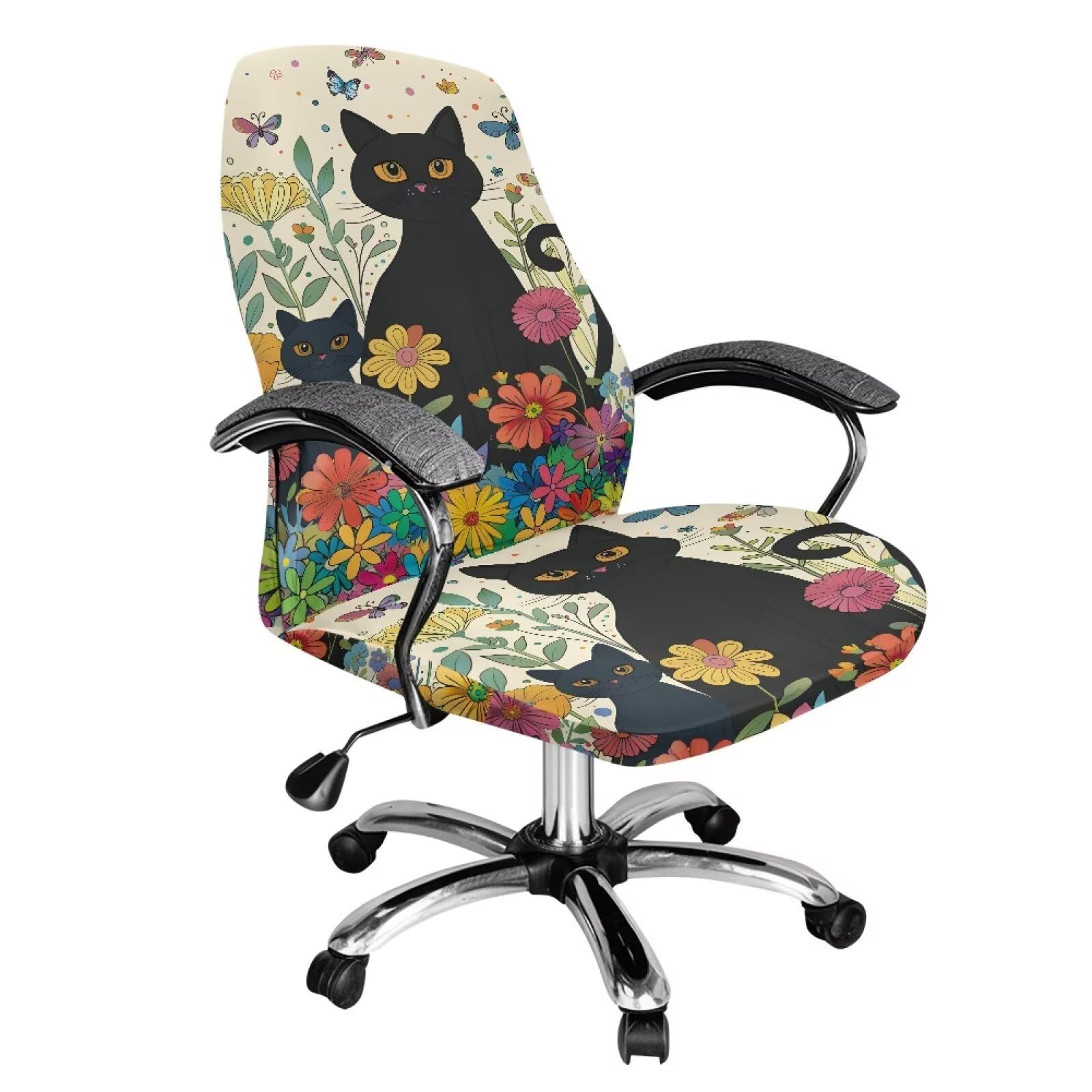 Uorisanigo Office Chair Covers Black Cat Floral Desk Chair Covers Stretchable Slipcover for Computer Chair High Back Chair Slipcover Office Chair