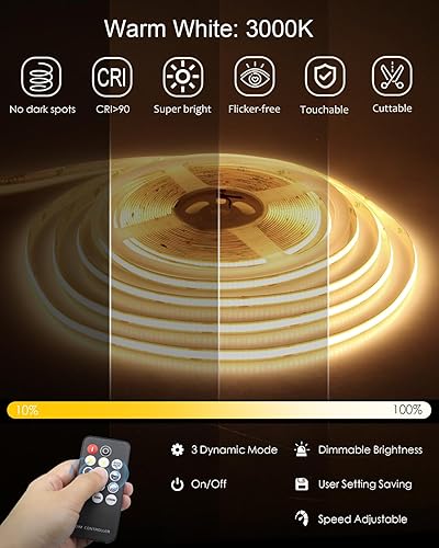 Miniatura 2 de ALITOVE Luces LED COB de 32.8 pies para dormitorio con control remoto blanco cálido 3000 K regulables, tira de luces LED CRI90+ de alta densidad,