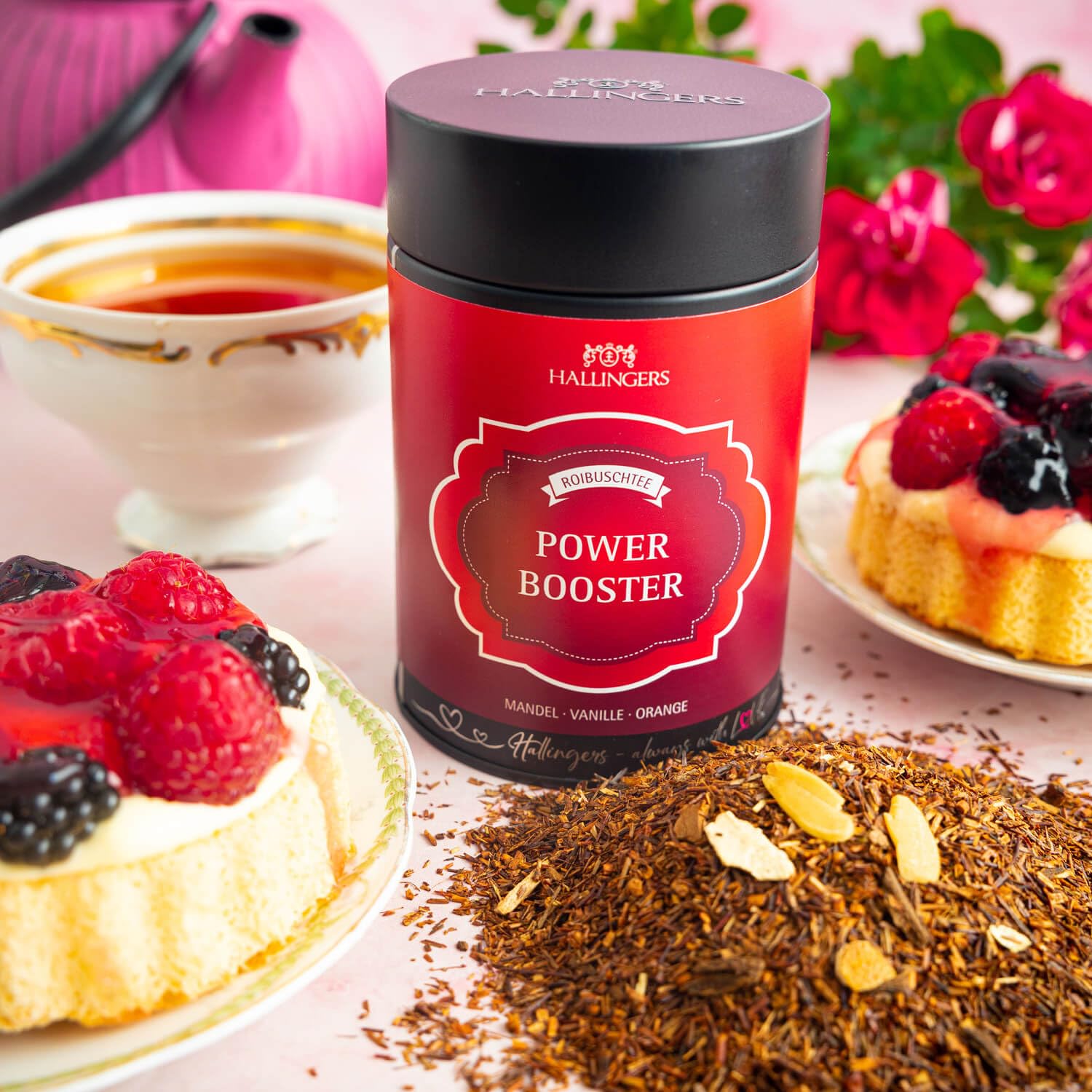 Hallingers Genuss Manufaktur Roibusch Tee Geschenk - loser Rooibos-Tee, Rotbusch wertige Geschenk-Dose "Power Booster" mit Orange, Zimt & Vanille, Geschenkidee für Frauen Männer